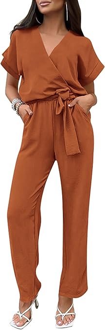 PRETTYGARDEN Women's Summer One Piece Jumpsuits Belted Short Sleeve Wrap V Neck Fashion Dressy Casual Wide Leg Pants Romper