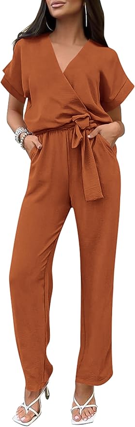 PRETTYGARDEN Women's Summer One Piece Jumpsuits Belted Short Sleeve Wrap V Neck Fashion Dressy Casual Wide Leg Pants Romper