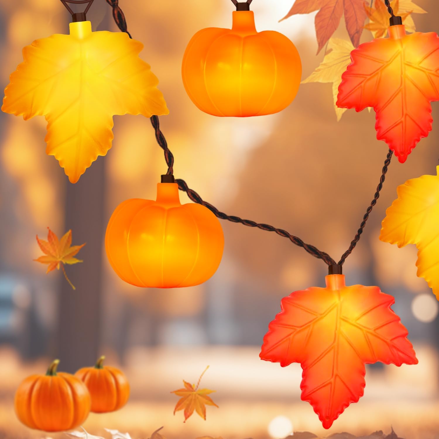 Fall String Lights - 8.5Ft LED Maple Leaf Pumpkin Lights String, 3D Leaves Pumpkin String Lights Plug in for Indoor Outdoor Thanksgiving Decorations & Fall Decorations for Home Porch Mantel, 0.07W