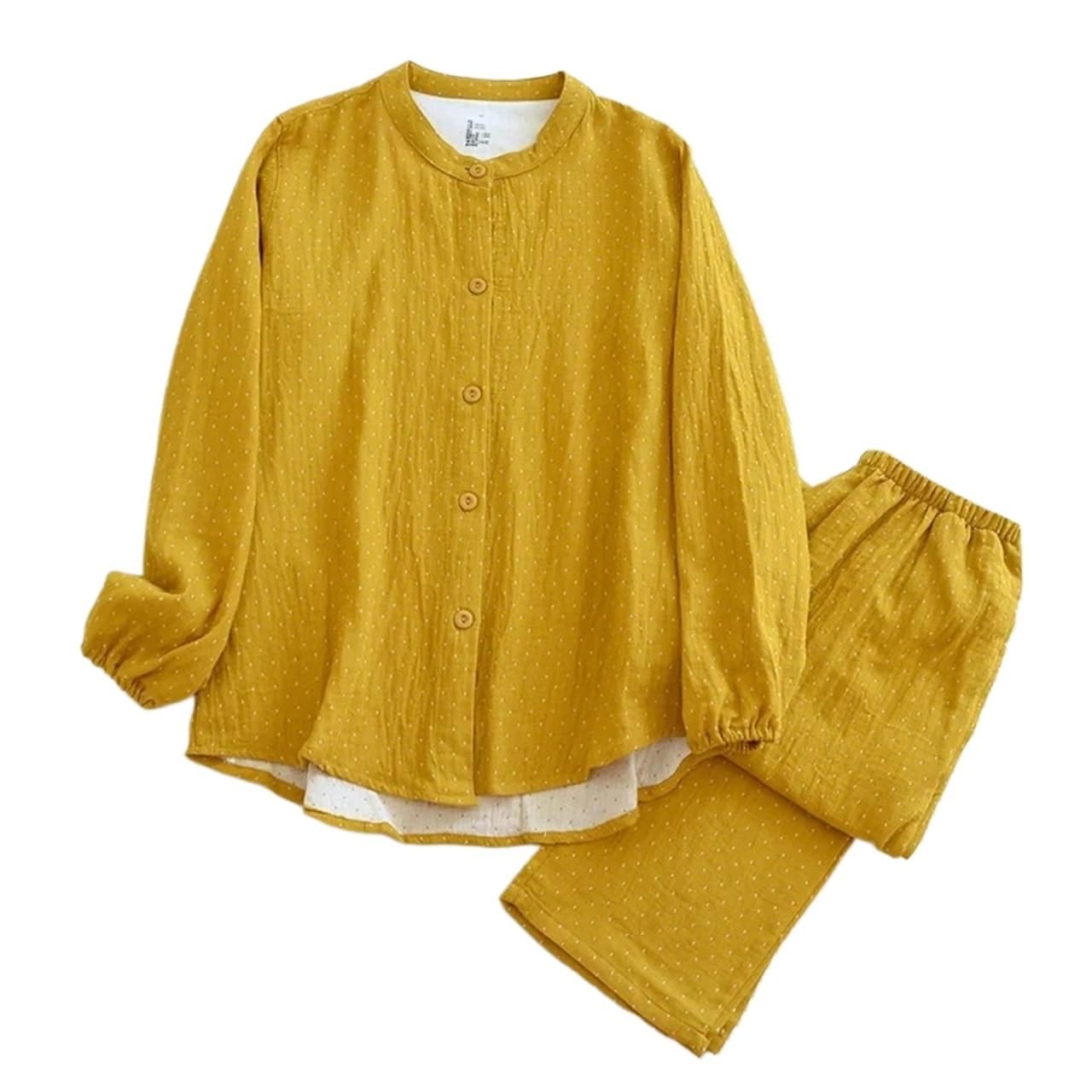Conjuntos de Pijama Lunares algodón for Mujer, Pantalones Manga Larga Gasa teñida con Hilo, Ropa Dormir Informal Sencilla, Cuello Redondo para Descanso en casa