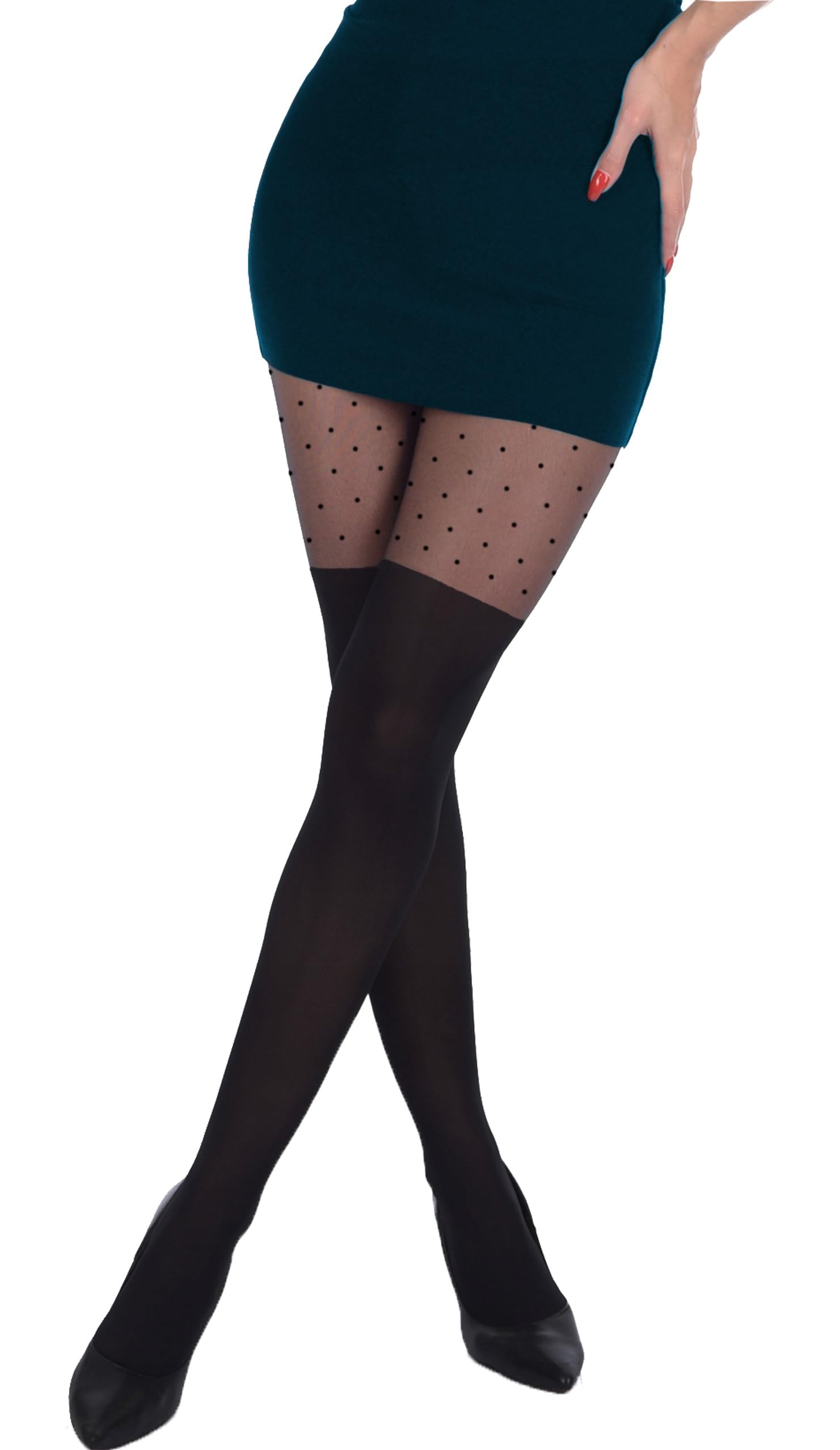 JUST BEAUTY TOUCH Polka Dots Tights with Mock Overknees Patterned Pantyhose