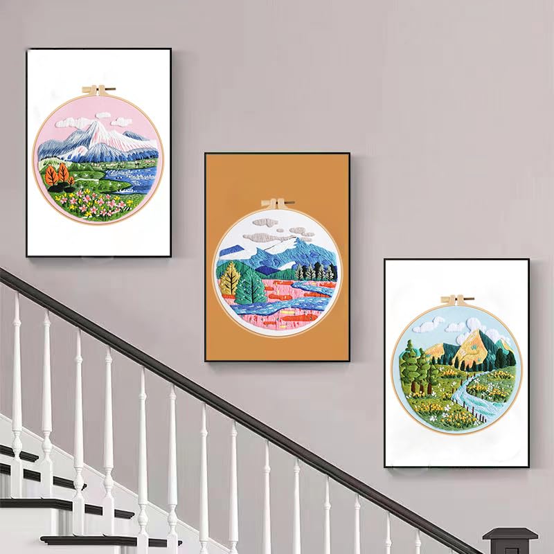 Image of Konrisa 3 Pcs Landscape Embroidery Kits, Mountain Flower Village Pattern Cross Stitch Kit, DIY Sewing Practice Kits for Adults Home Decoration,Include Embroidery Cloth Threads and Needles,1pc Hoops