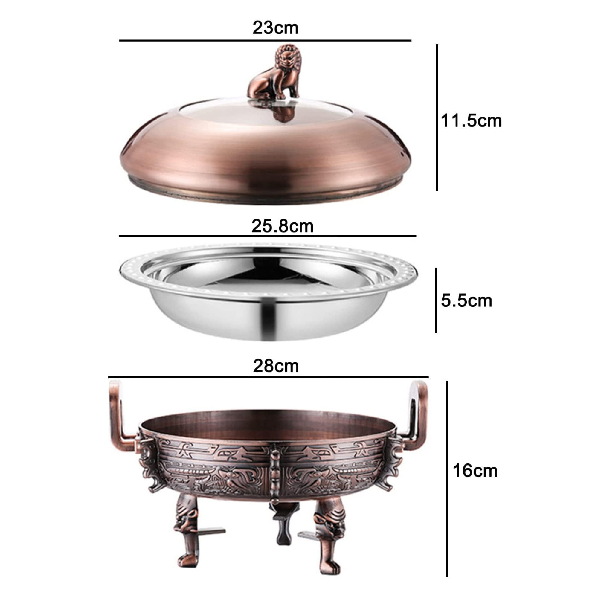 Calentador de Plato Redondo de Acero Inoxidable para bufé de Catering con bandejas, Soporte de Aluminio, Tapa Visible y Soportes para Combustible.