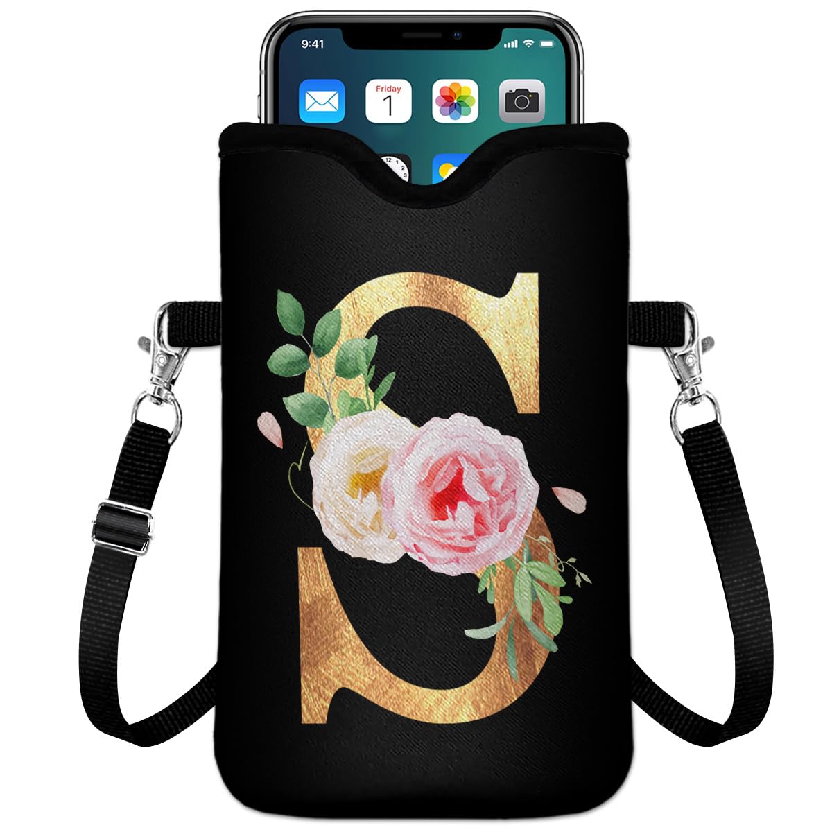 Initial Neoprene Cell Phone Sleeve Pouch 7.6"x4.3" with Crossbody Strap/Neck Lanyard,2 Pockets Inner Universal Phone Bag for Womem Men Shockproof