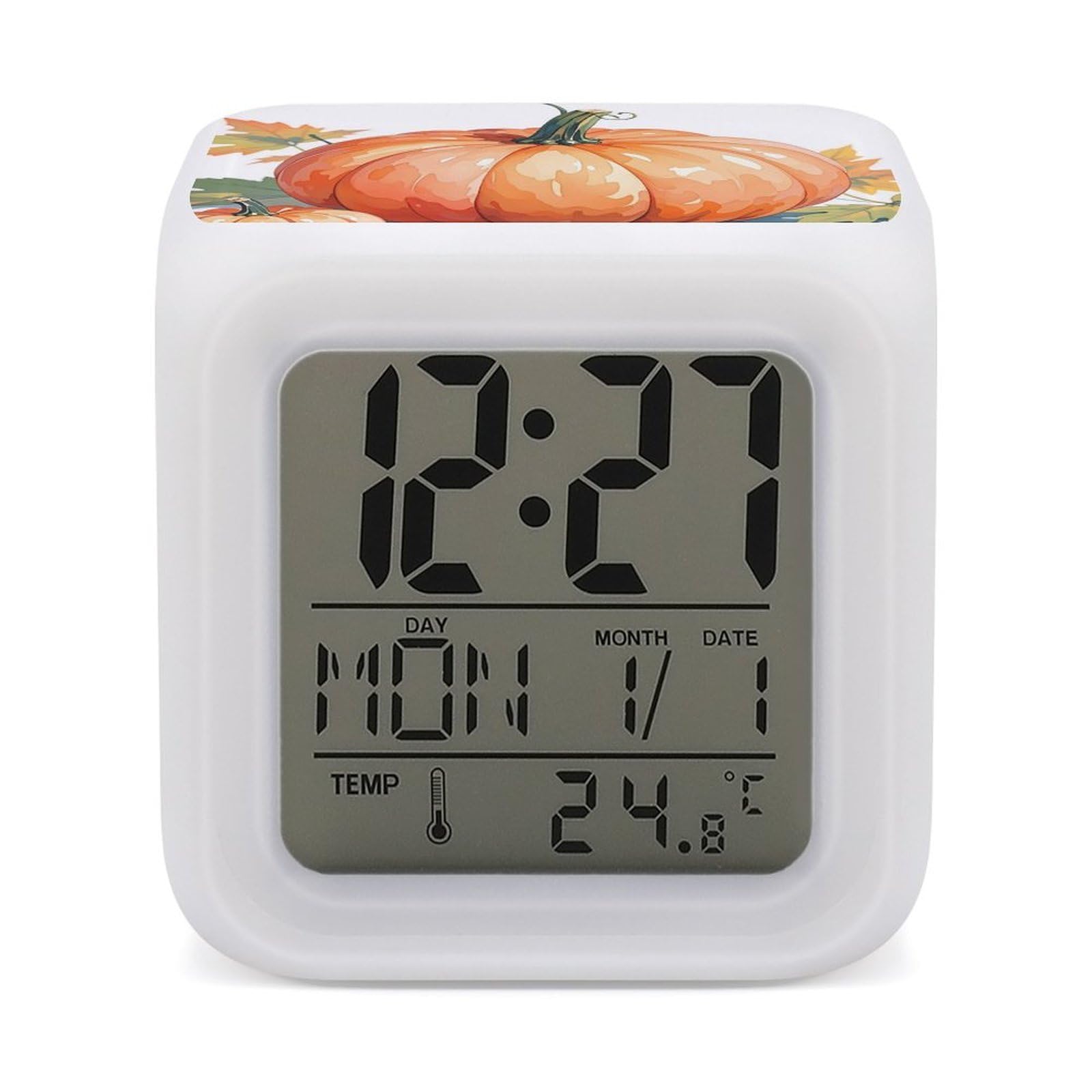 Fall Watercolor Pumpkins Alarm Clock for Heavy Sleepers Small Digital Alarm Clock with Date Temperature Wake Up Digital Clocks with 7 Colors Changing Desk Clocks for Bedroom Bedside Nightstand