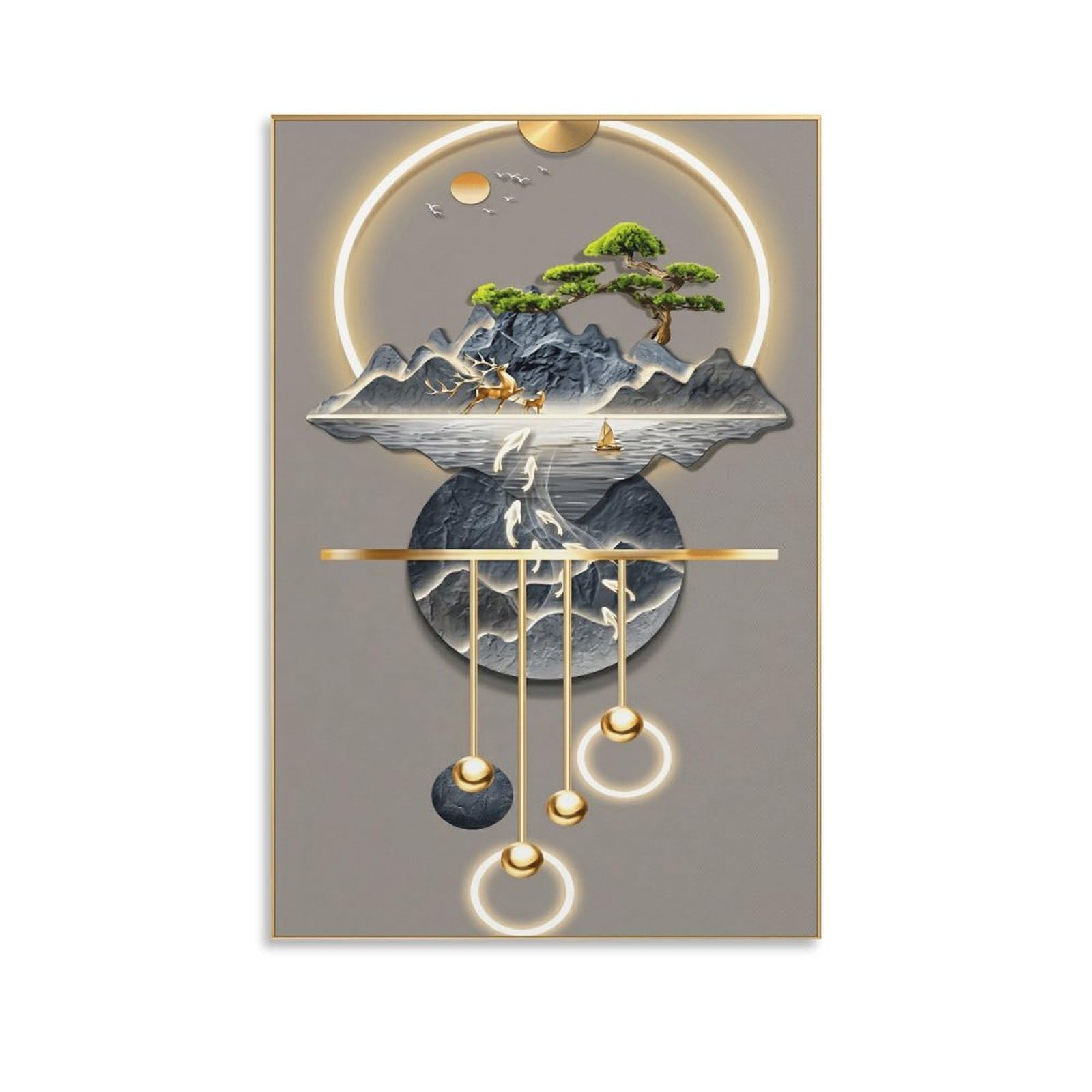 XPASHIQWC Golden Deer Pine Tree Nine Fish Landscape Poster Artwork Canvas Prints Picture Modern Canvas Wall Art Picture Wall Hanging for Living Room Bedroom Home Decorations 20x30inch(50x75cm)