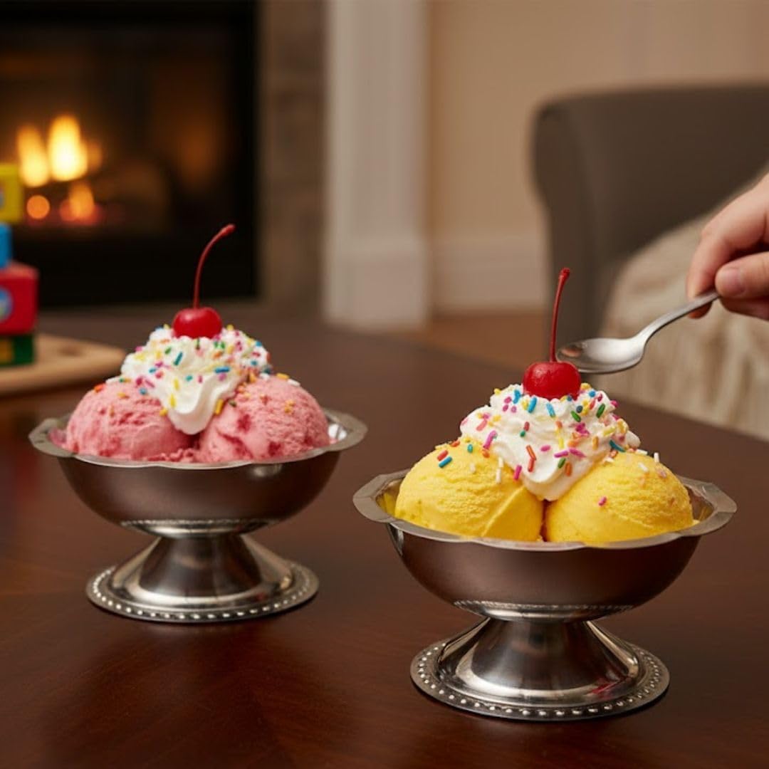 Soro Essentials- 5 oz. Stainless Steel Footed Sherbet Dishes with Gadroon Base Set of 2- Footed Dessert Cups Dessert Bowls Ice Cream Bowls Serving Dish Parfait Cup for Fruit Salad Cocktail Ice Cream