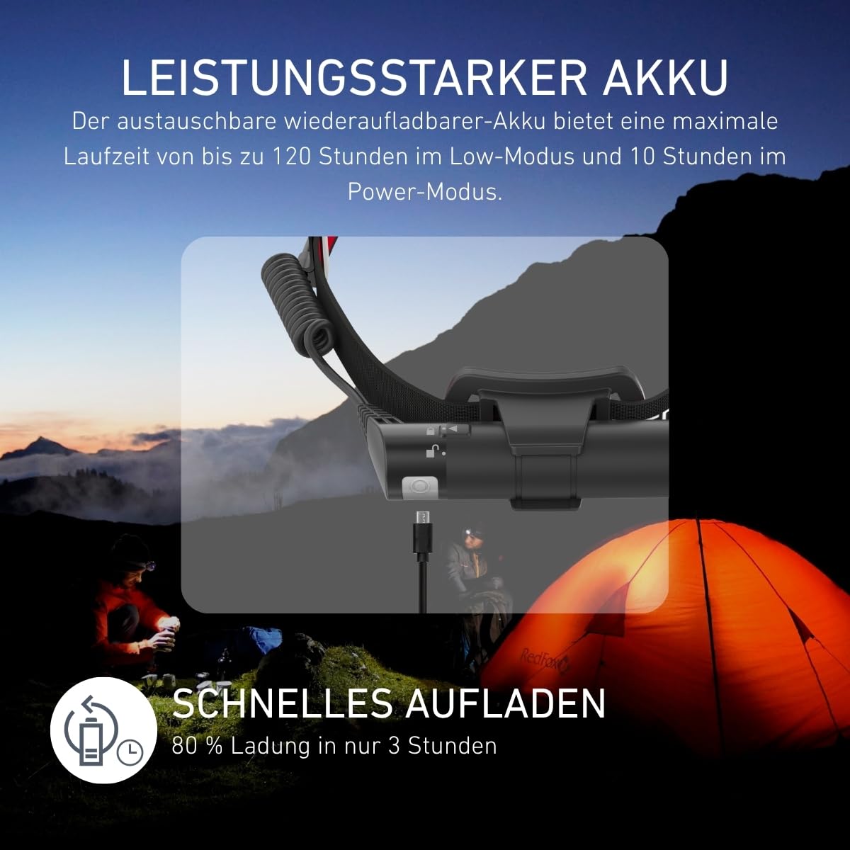 Ledlenser H8R Stirnlampe LED, aufladbar mit Lithium 18650 Akku, 600 Lumen, fokussierbar, bis zu 120h Laufzeit, rotes Rücklicht, schwenkbar, USB Ladekabel, Headlamp
