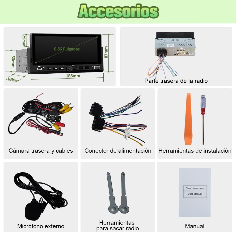 AWESAFE Radio de Coche 1 DIN Universal con Carplay y Android Auto Inalámbrico,Autoradio 1 DIN con Pantalla Táctil de 6.86 Pulgadas y Cámara Trasera, Admite Bluetooth/Mandos Volante/FM/USB