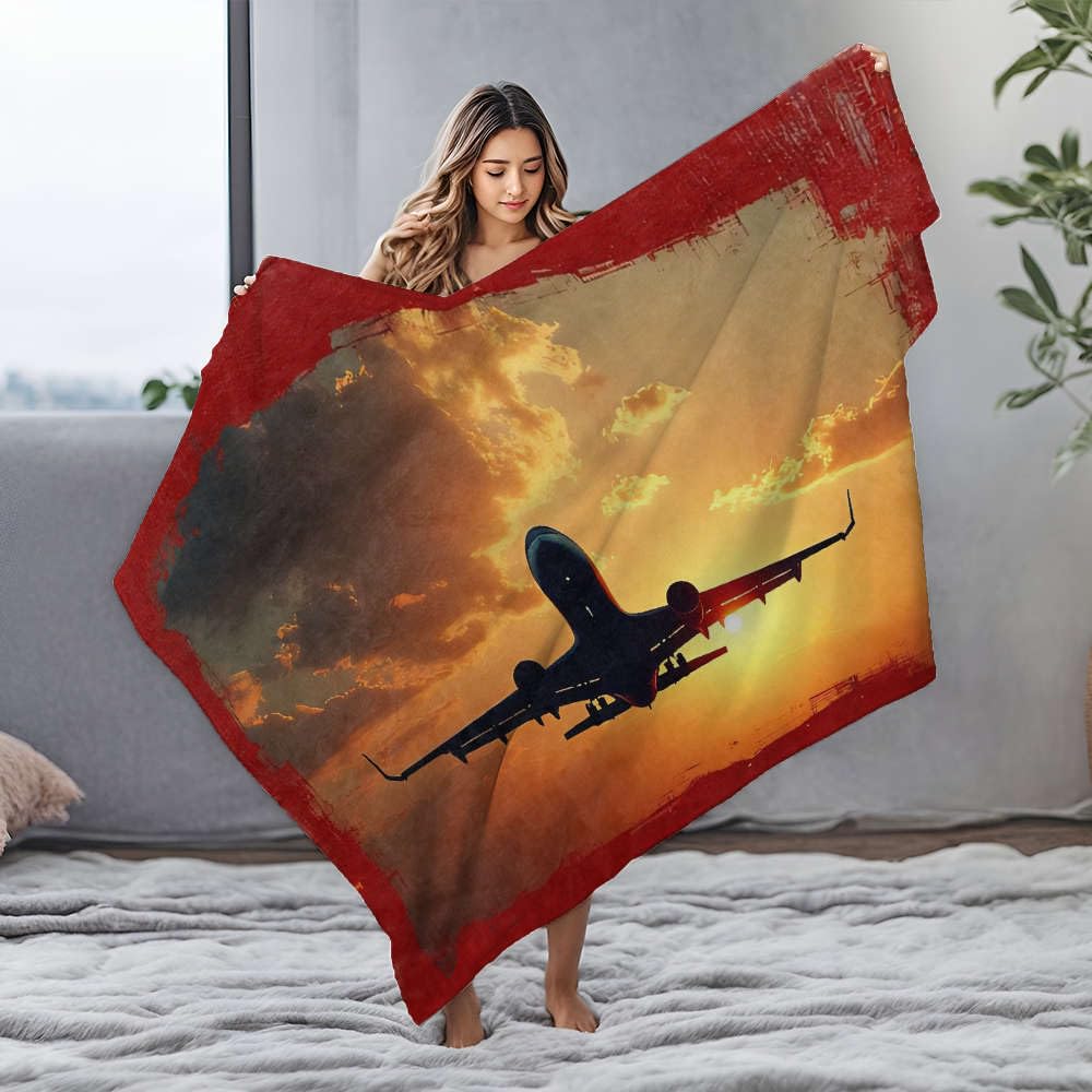 Couverture en flanelle avion coucher de soleil pour cocooning au salon