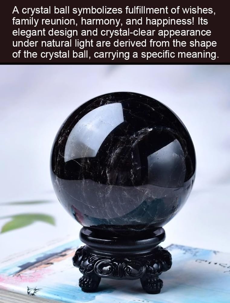 Black Quartz Crystal Ball for Decorative, Obsidian Crystal Sphere with Wooden Stand,Polished Stone Ball Ornament Home Office Decor,3.5"(9cm)