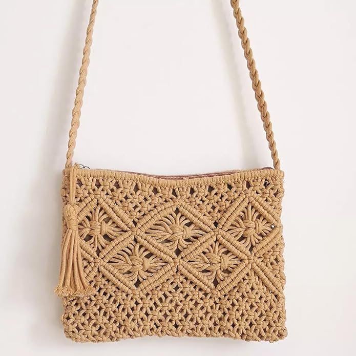 Image of Handmade Boho Macrame Crossbody Sling Bag for Women, Natural Cotton Handwoven Mini Purse, Beige Macrame Sling Bag for Women SIZE 25x20 cm drop Handle 55 CM