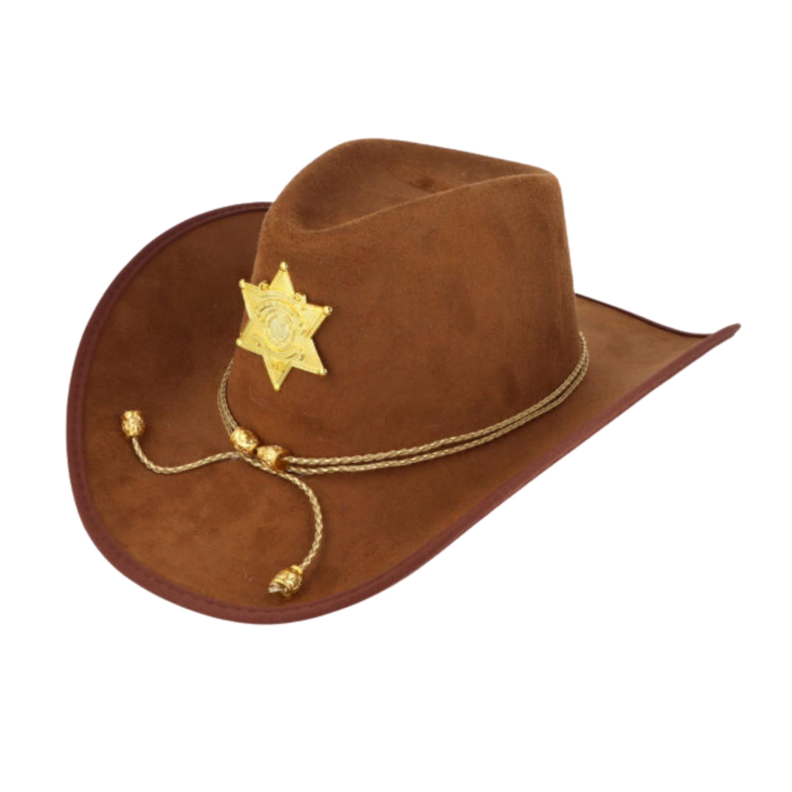Lizzy Brown Cowboy Hat with Gold Sheriff Star | Adult Fancy Dress Western Hat with Gold Beaded Band | Suede-Effect Sheriff Costume Accessory for Parties, Festivals & Themed Events