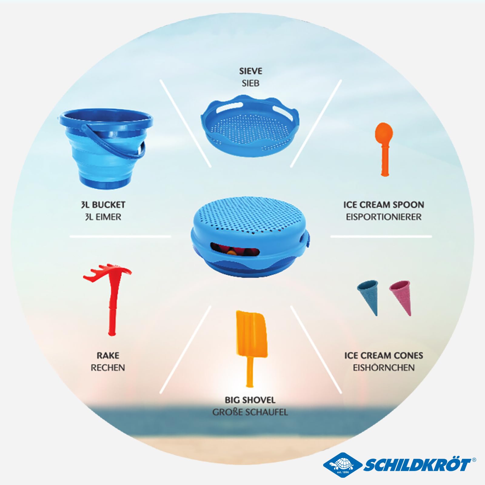 Schildkröt Ensemble de Jouets de Plage 7 en 1 | Seau Pliable de 3 litres avec 6 Jouets de Sable | Design Compact et Peu encombrant | Idéal pour Les Voyages et Les Jeux en extérieur