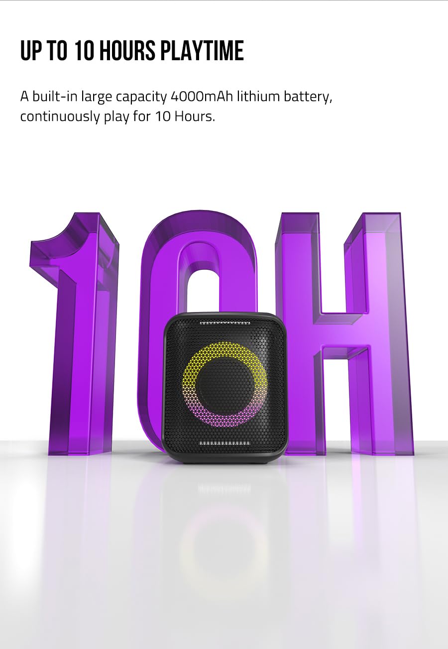 F&D PA100 speaker with large '10H' graphic, indicating up to 10 hours playtime