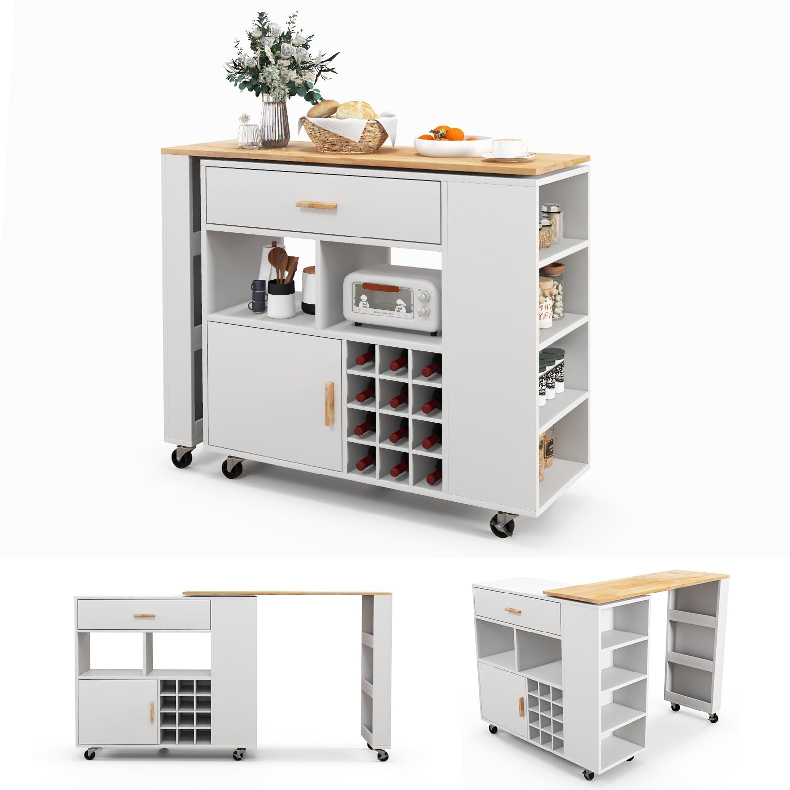 COSTWAY 2 in 1 Carrello da Cucina, Carrello di Servizio Reversibile con Piano in Legno di Gomma, Ripiano Regolabile Porta Calici per 12 Bottiglie, 120x40x100 cm (Bianco)
