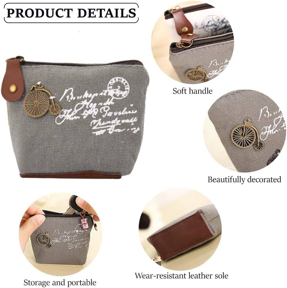 ZIBUYU® 4pcs Cute Decor Coin Pouch, Mini Wallet Card Bag Coin Canvas Coin Purse Change Cash Bag Zipper Small Purse Wallets for Women Girls Kids, Retro Style, 4 Pack, Free Size