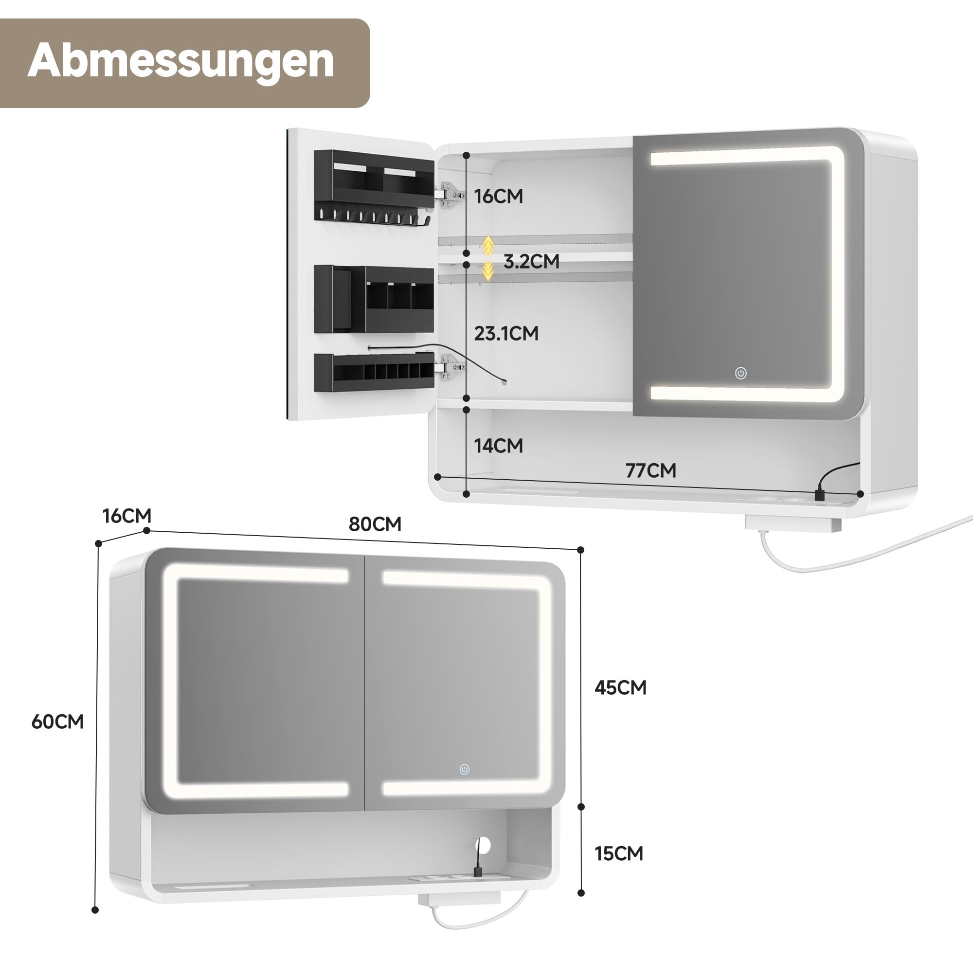 Gyfimoie Spiegelschrank Bad mit Beleuchtung LED, Badezimmer Spiegelschrank mit Steckdose, Badezimmerschrank Verstellbare Regale, Hängeschrank, Einlass für die Tissuebox, 80x60x16cm,