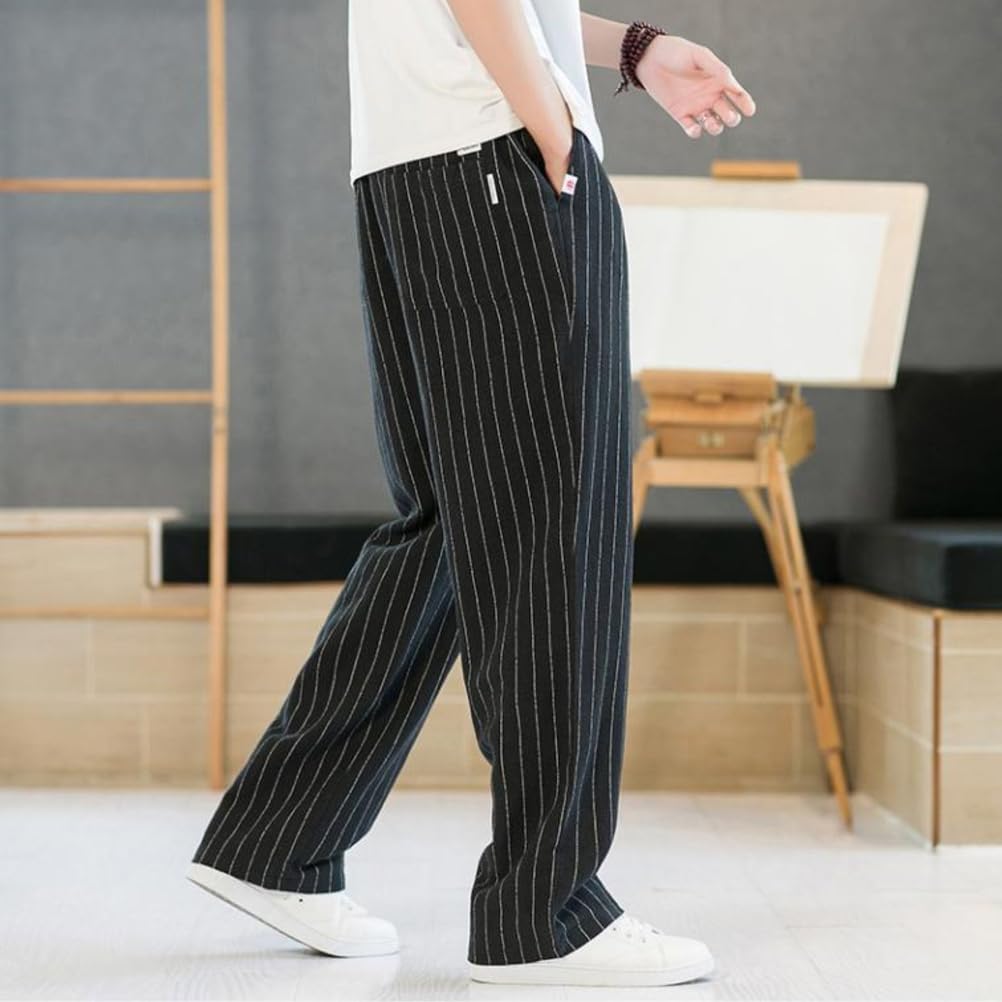 Pantaloni A Righe Da Uomo Leggero Casual Elastico in Vita Coulisse Ampio Gamba Larga Estate Dritto Pantaloni Di Lino