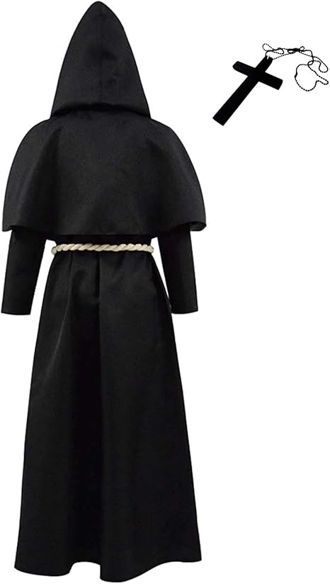 AUYAO Moine Robe Friar Et Prêtre Pour Enfants, Deguisement Moine Avec Ceinture Et Croix, Costume De Prêtre Renaissance Cape à Capuchon Longue Pour Carnaval Cosplay Halloween