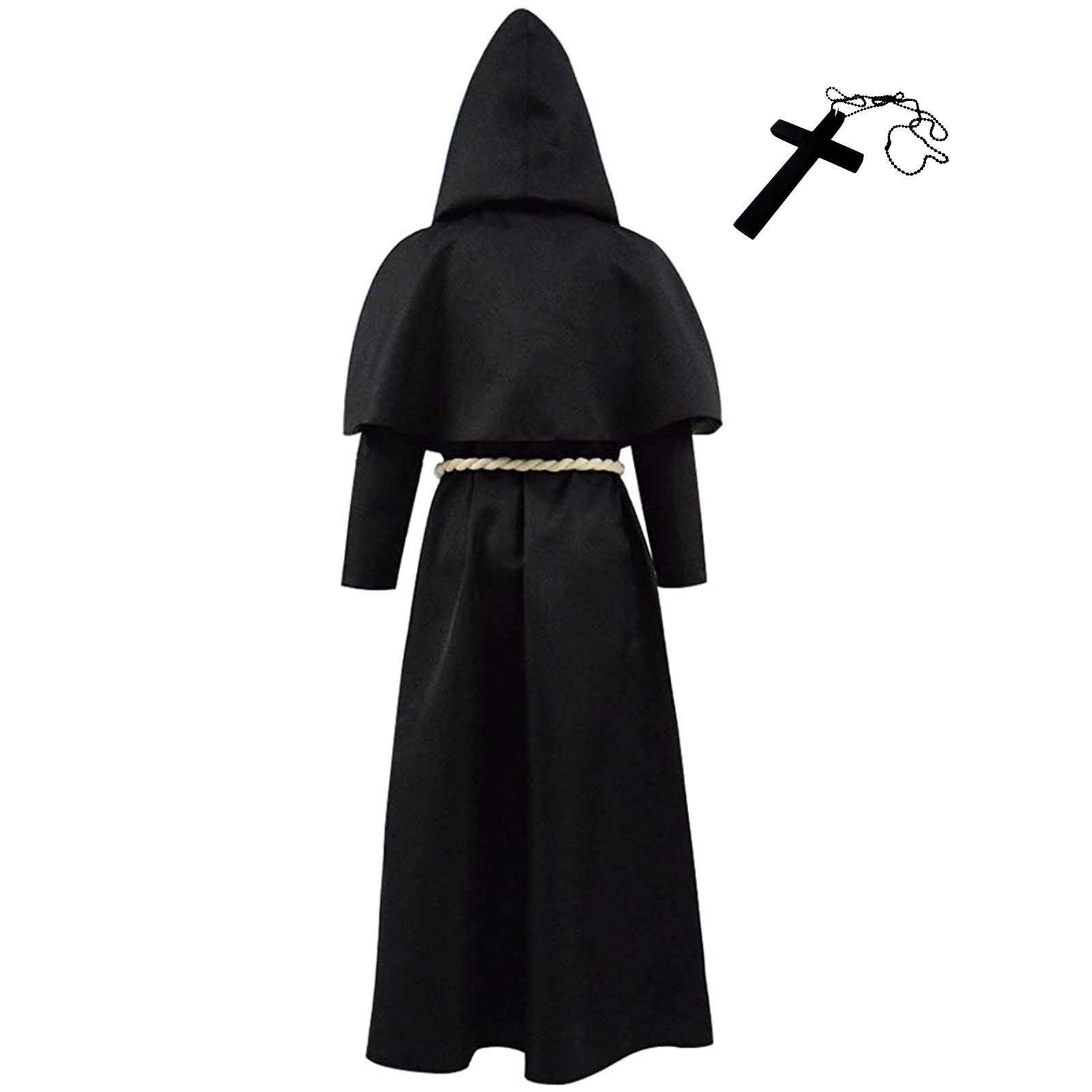 GraduatePro Monk Robe Medieval Hooded Halloween Fancy Costume Renaissance Priest Friar Cowl Cloak Knight Sorcerer Magician Black M - Image 2