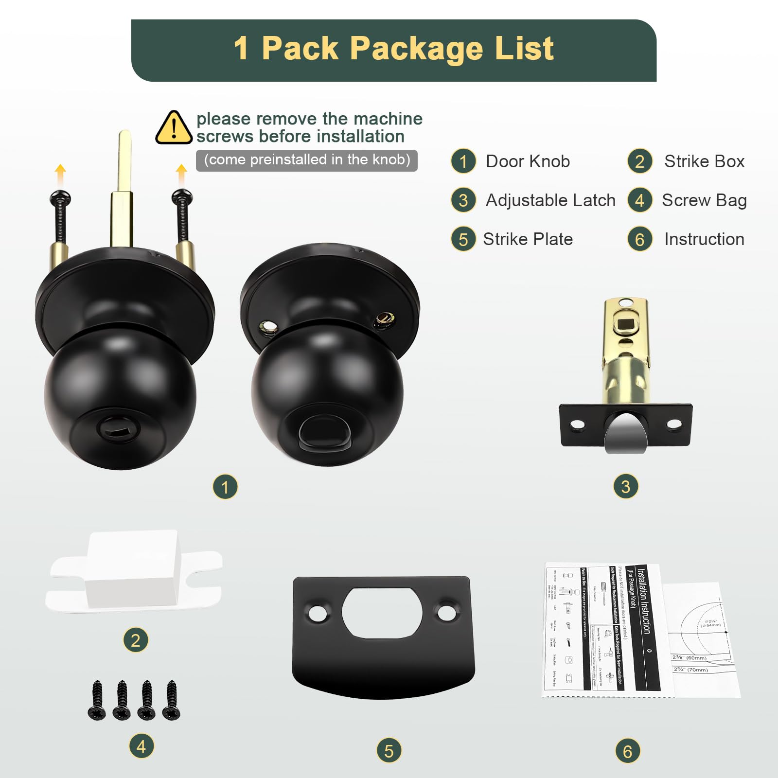 Black Interior Door Knobs - 10 Pack, Keyless Privacy -6