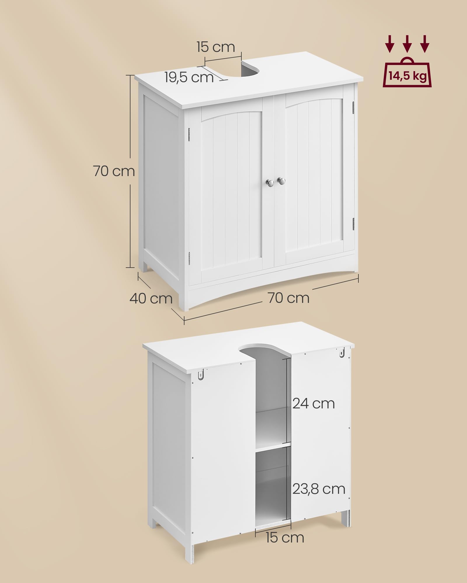 VASAGLE Aramrio de Lavabo, Armario Debajo de Lavabo, Mueble de Baño, con 2 Puertas, Estante Ajustable, Amplio Espacio de Almacenamiento, Estilo Moderno, 40 x 70 x 70 cm, Blanco Nube BBC011W01