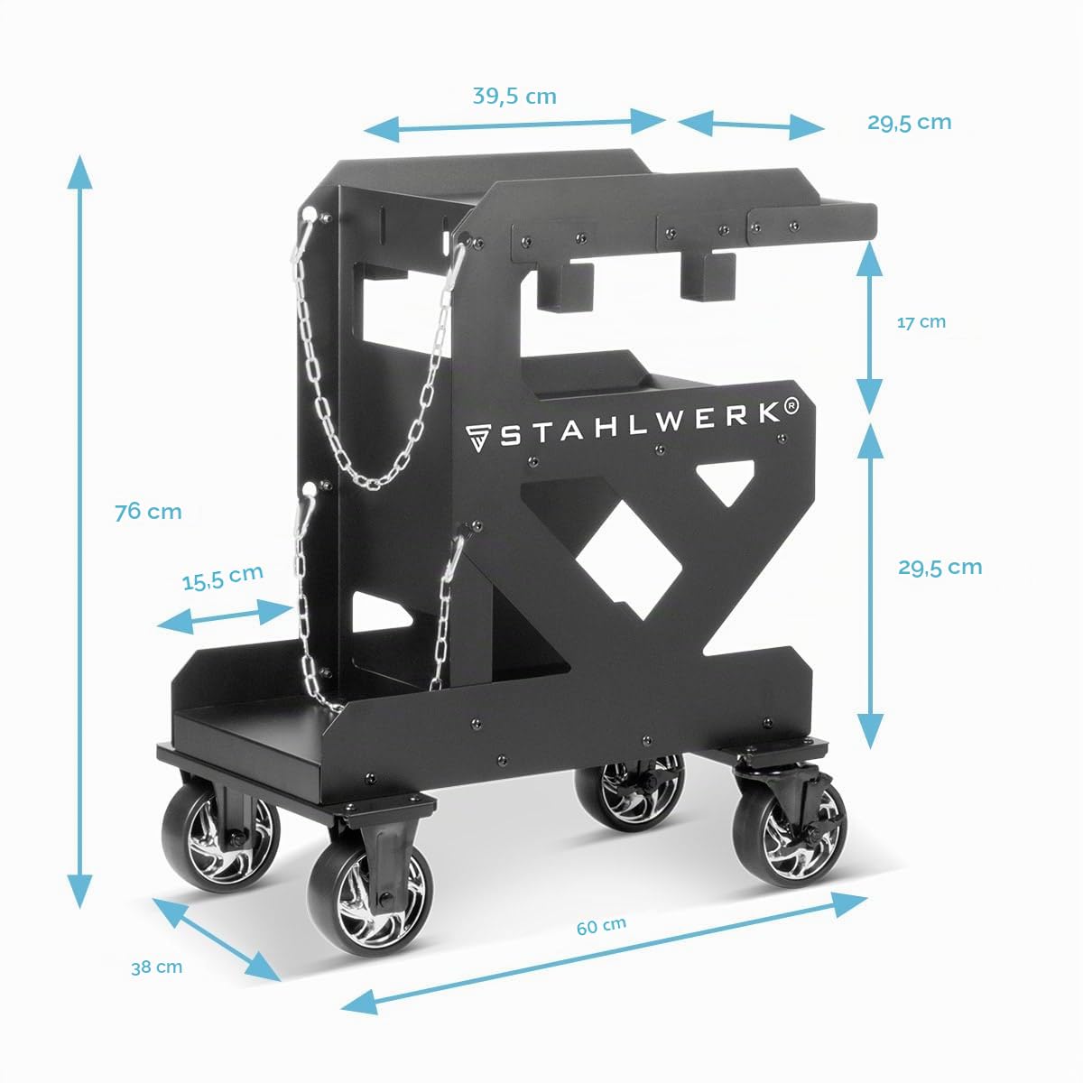 STAHLWERK Carro de soldadura de 3 niveles (SW-600-ST) – 60 × 38 × 76 cm (L × W × H), ruedas de goma de larga duración, grosor de pared de 1,5 mm, soporte para mangueras y cables, incluye cadena de