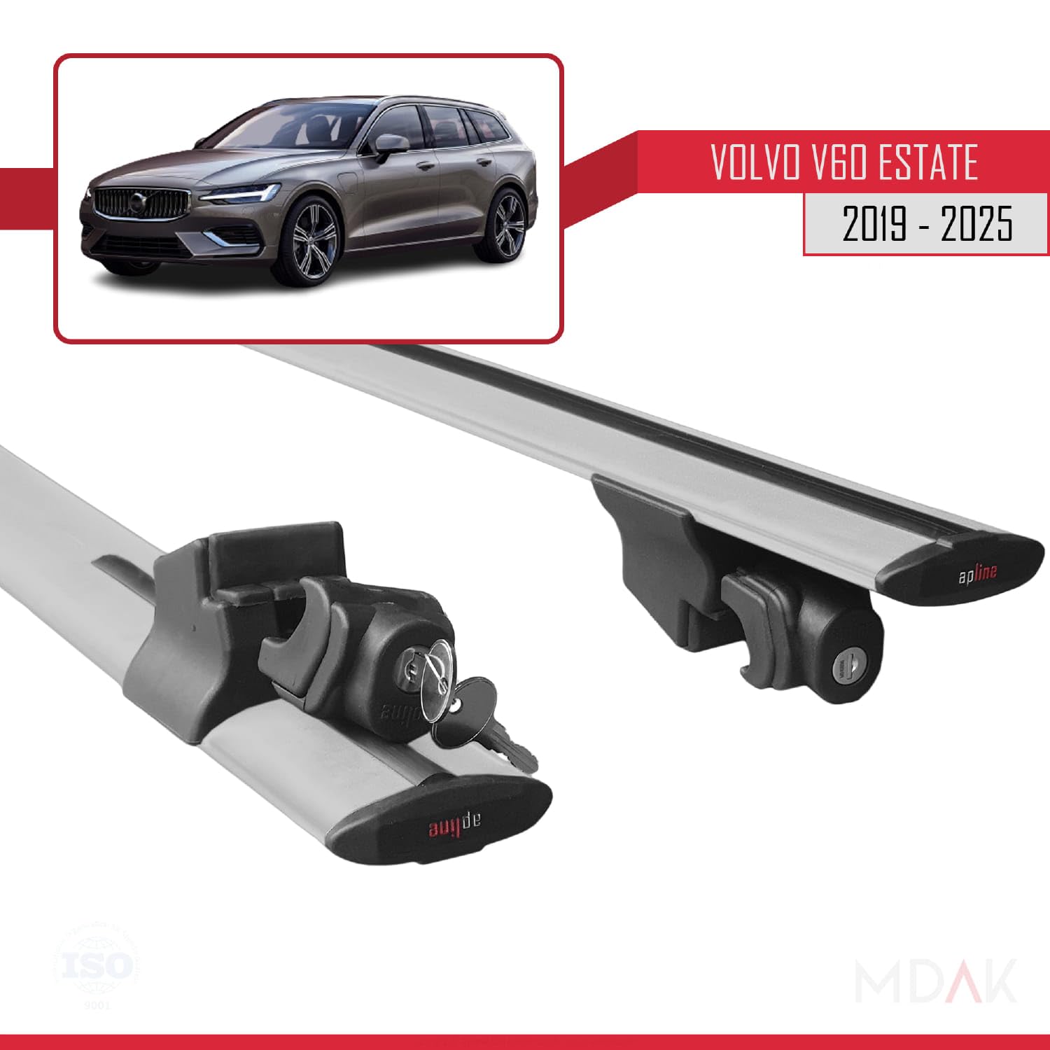 MDAK Compatible con Volvo V60 II 2019-2025 Hook Model Barras de Techo Auto Portaequipajes Barras Transversales Gris Aluminio 2 Barras