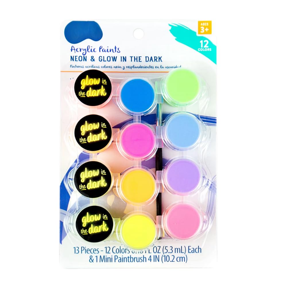 Artiggle Acrylic | 4 Glow In The Dark, 8 Neon Color| Art And Craft Paint,DIY For Canvas, Wood, Leather, Earthenware, Metal | Color Pack Of 12/5.3ML Each | Buy 1 Get 1 Free, Multicolour