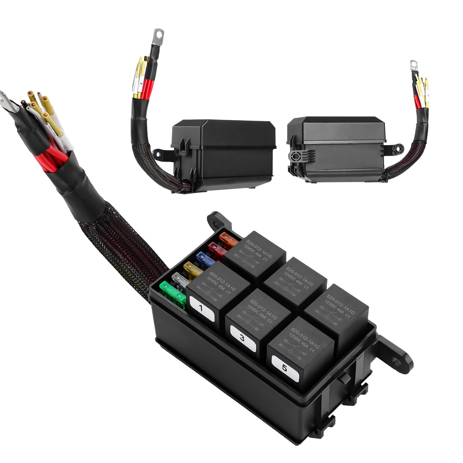 Pre-Wired Fuse Relays Block Kit,12V Fuse Relay & 6 ATC/ATO Blade Fuses,4Pin 5Pin Terminal 40A Relays Pre-Wired Waterproof Fuses Relay Box for Car Truck