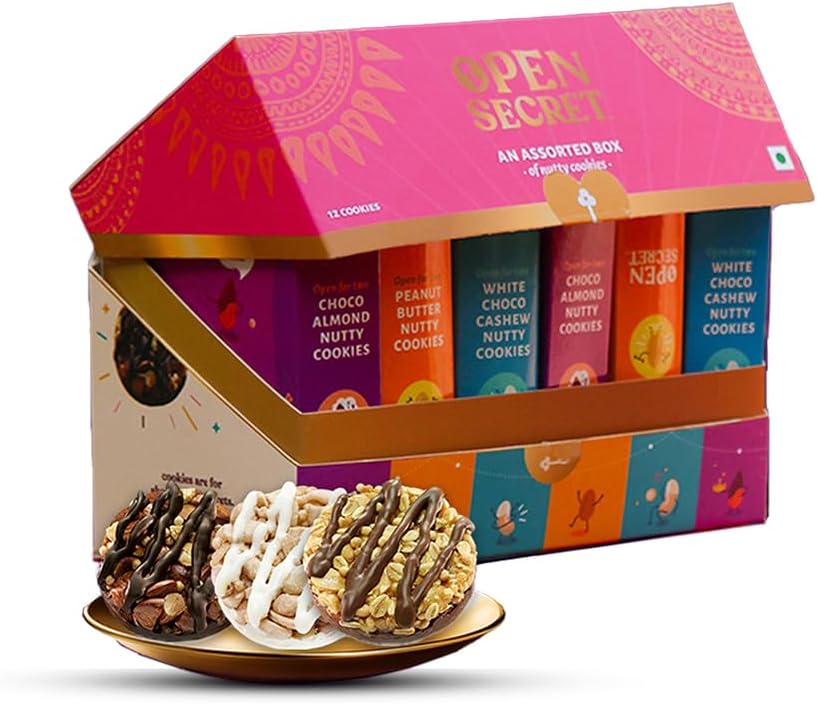 Open Secret Chocolate Celebration Gift Box | 12 Cookies Assortment | Premium Gourmet Cookie Gift Hamper | White Cashew, Choco Almond & Peanut Butter Cookies | Sweet Treats for All Occasions