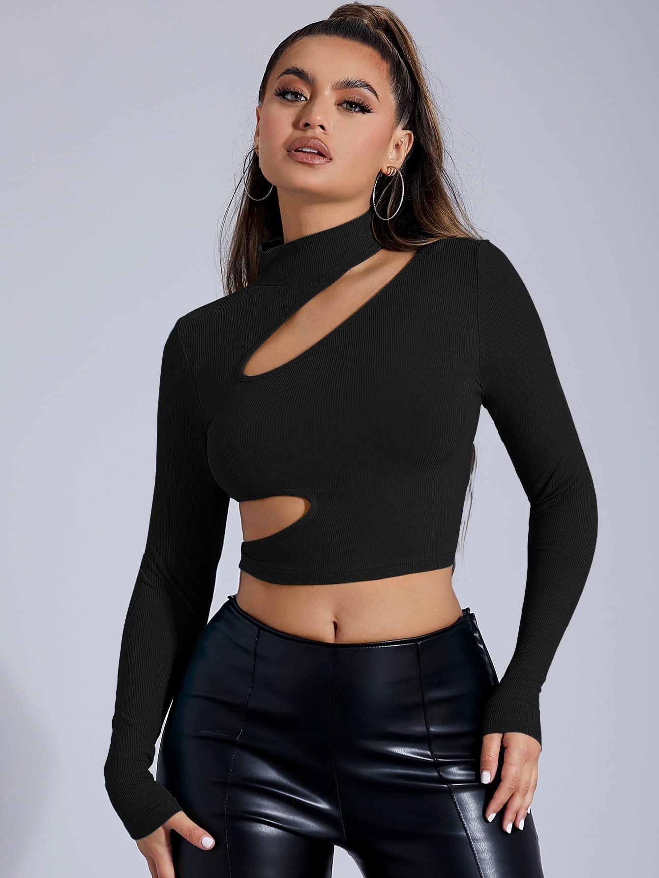 black long sleeve cut out crop top
