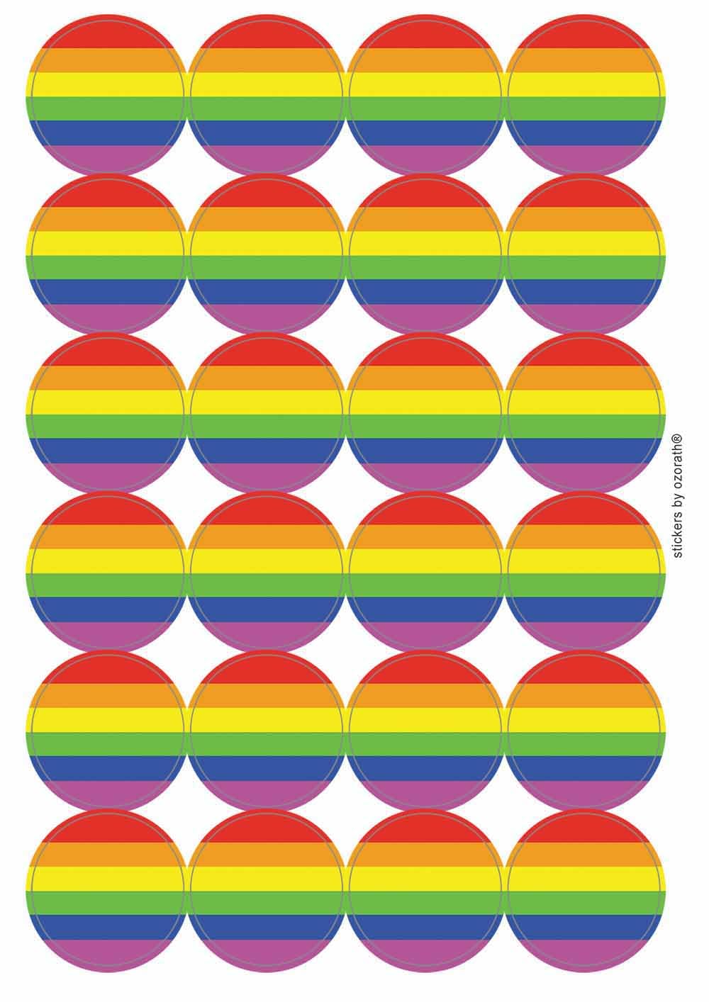 Rainbow LGBTQ Pride Flag Circular Matt Paper Stickers A4 Sheet of 24 (Each Sticker is 45mm Diameter)