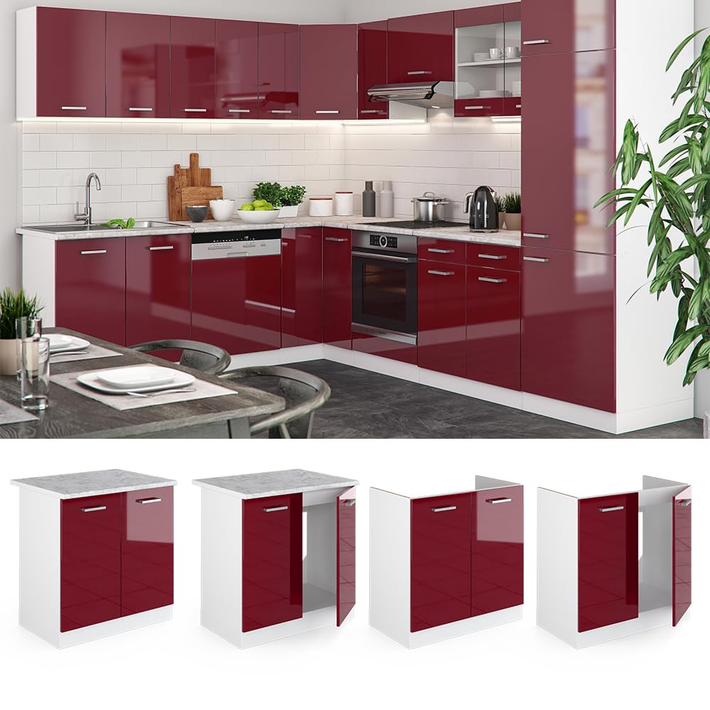 Vicco Spülenunterschrank R-Line, Rot Hochglanz, 80 cm, AP Marmor, zur freien Kombination innerhalb modularer Küchensysteme