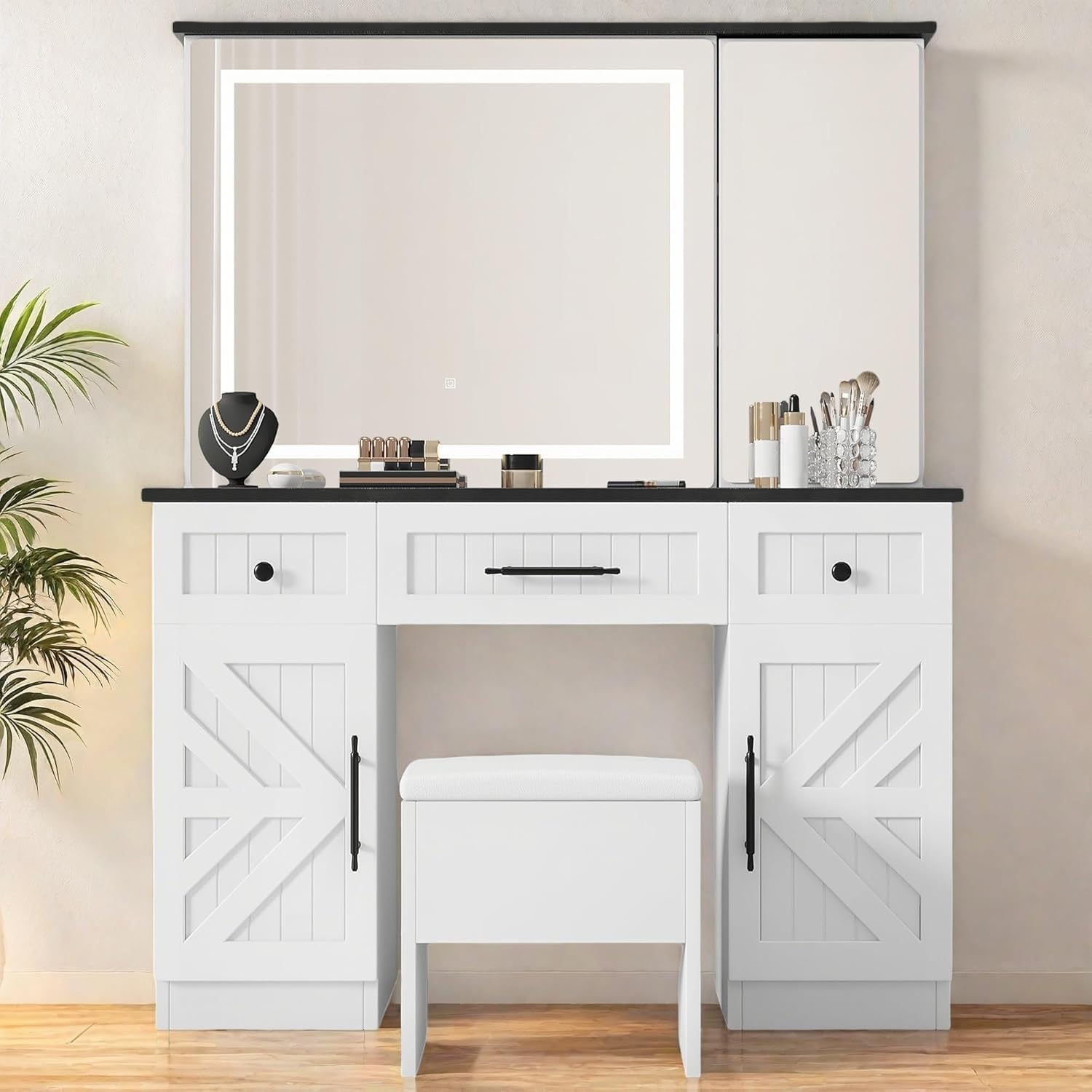 YITAHOME Farmhouse Vanity Desk with Mirror Vanity Set with Stool