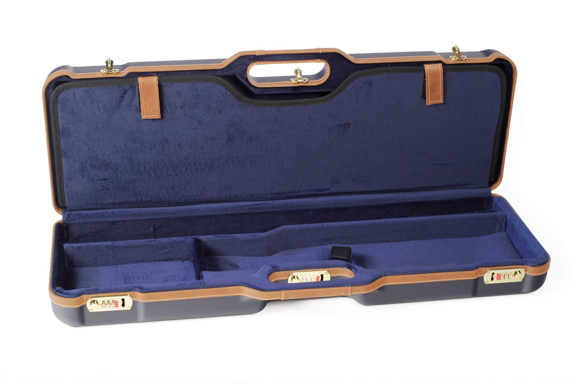 Negrini Deluxe Leather Shotgun Case - Hard Case for Over/Under or Side-by-Side Shotguns - Holds 2 Shotguns, Up to 28” Barrels - Airline Approved, TSA Locks - Made in Italy - Navy/Tobacco