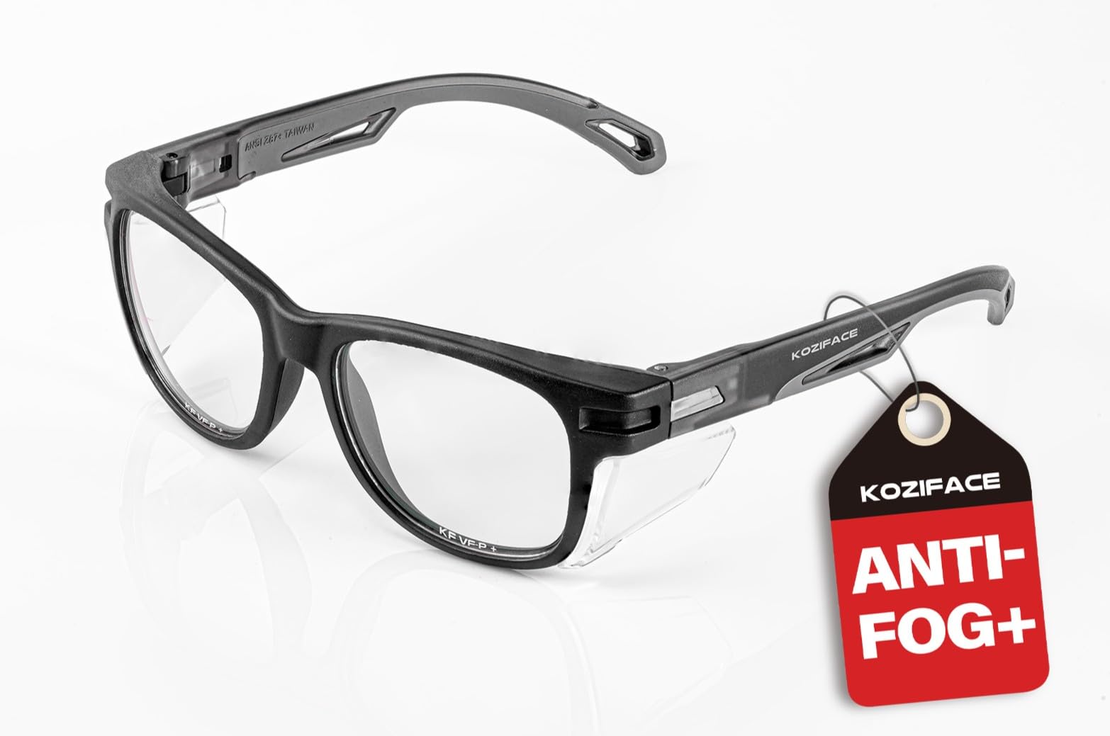 Koziface Okulary ochronne E52 dla mężczyzn i kobiet, stylowe czarne światło, okulary ochronne, przeciwmgielne, odporne na zarysowania, z osłonami bocznymi, przezroczyste soczewki, bez poślizgu