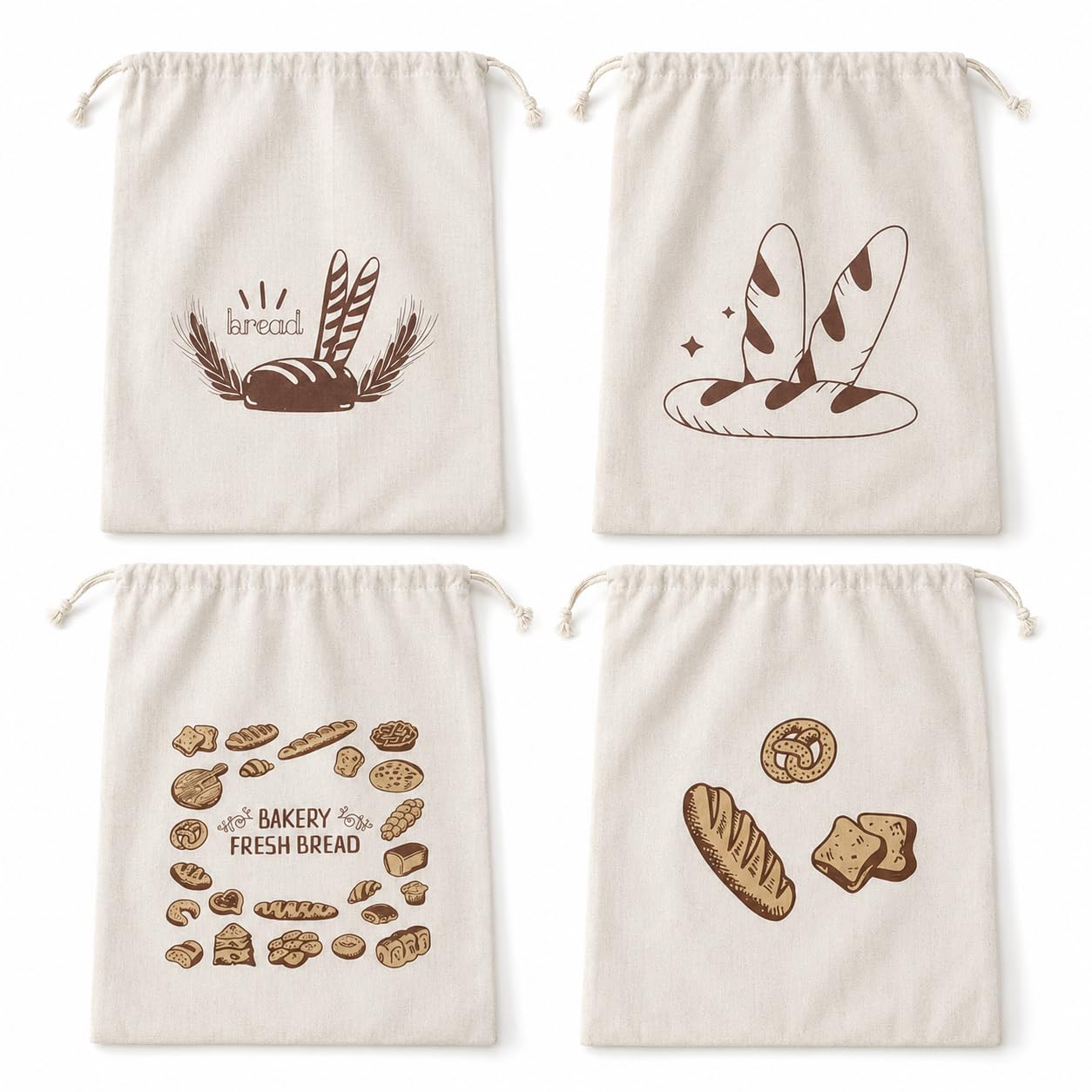 4 Pack Linen Bread Bags, 2 Sizes Reusable Drawstring Food Storage Bags for Homemade Bread, Cotton Bread Storage to Keep Fresh, Cotton Fabric with Drawstring Closure for Bakery Breads