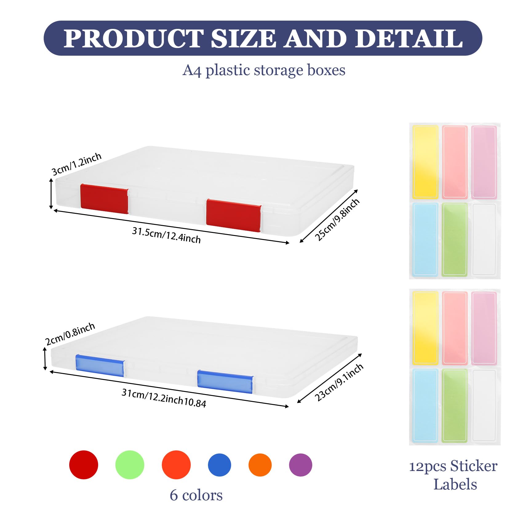 6 Pcs Clear A4 File Box A4 File Portable Project Case Plastic File Storage Box Board Game Storage Scrapbook Paper Storage Boxes with Buckle and Colorful Sticker Labels Documents Magazines Holder - Image 2