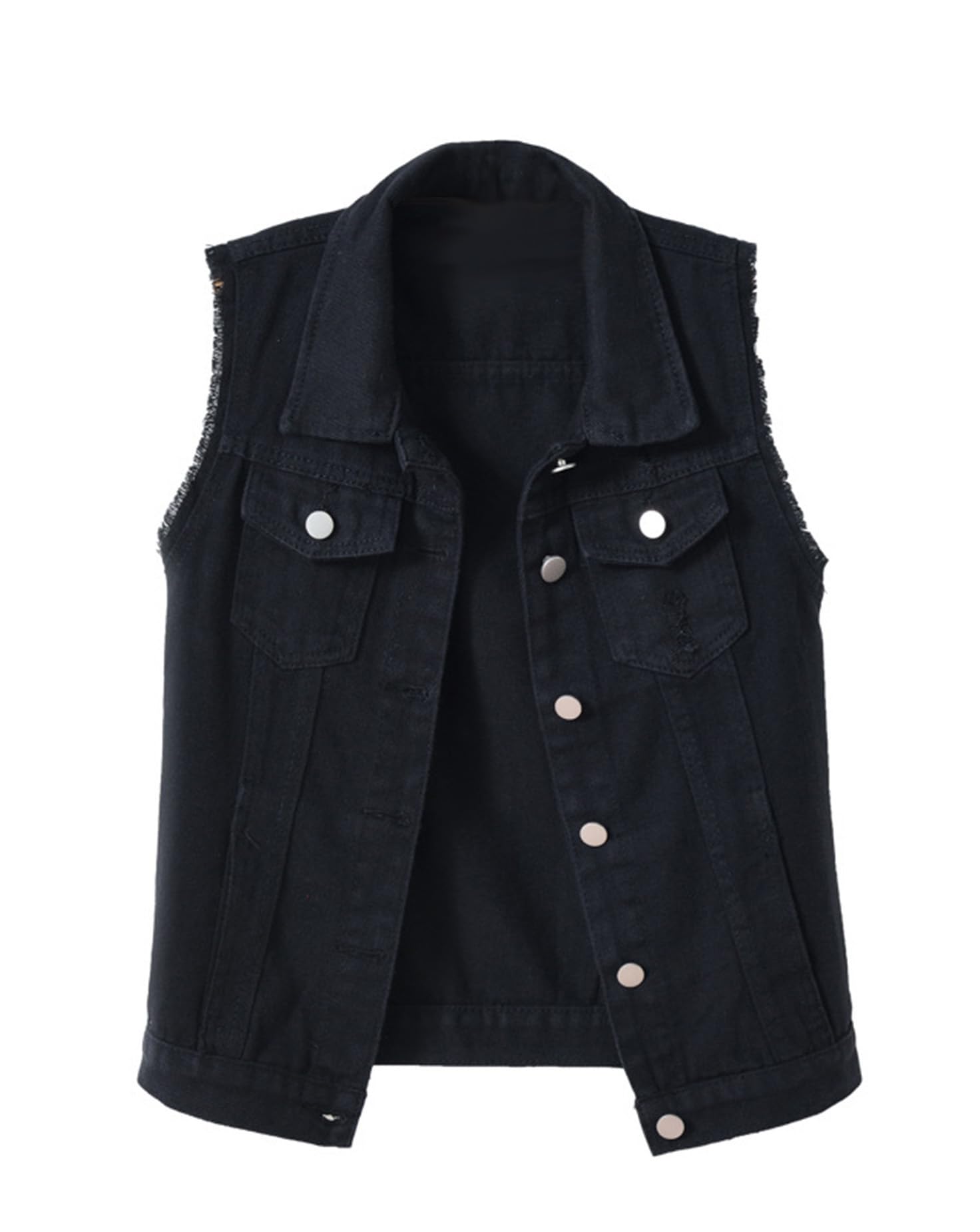 Idopy Women's Casual Denim Waistcoat Slim Fit Frayed Sleeveless Jacket Ripped Tops Denim Vest with Pockets (L, Black)