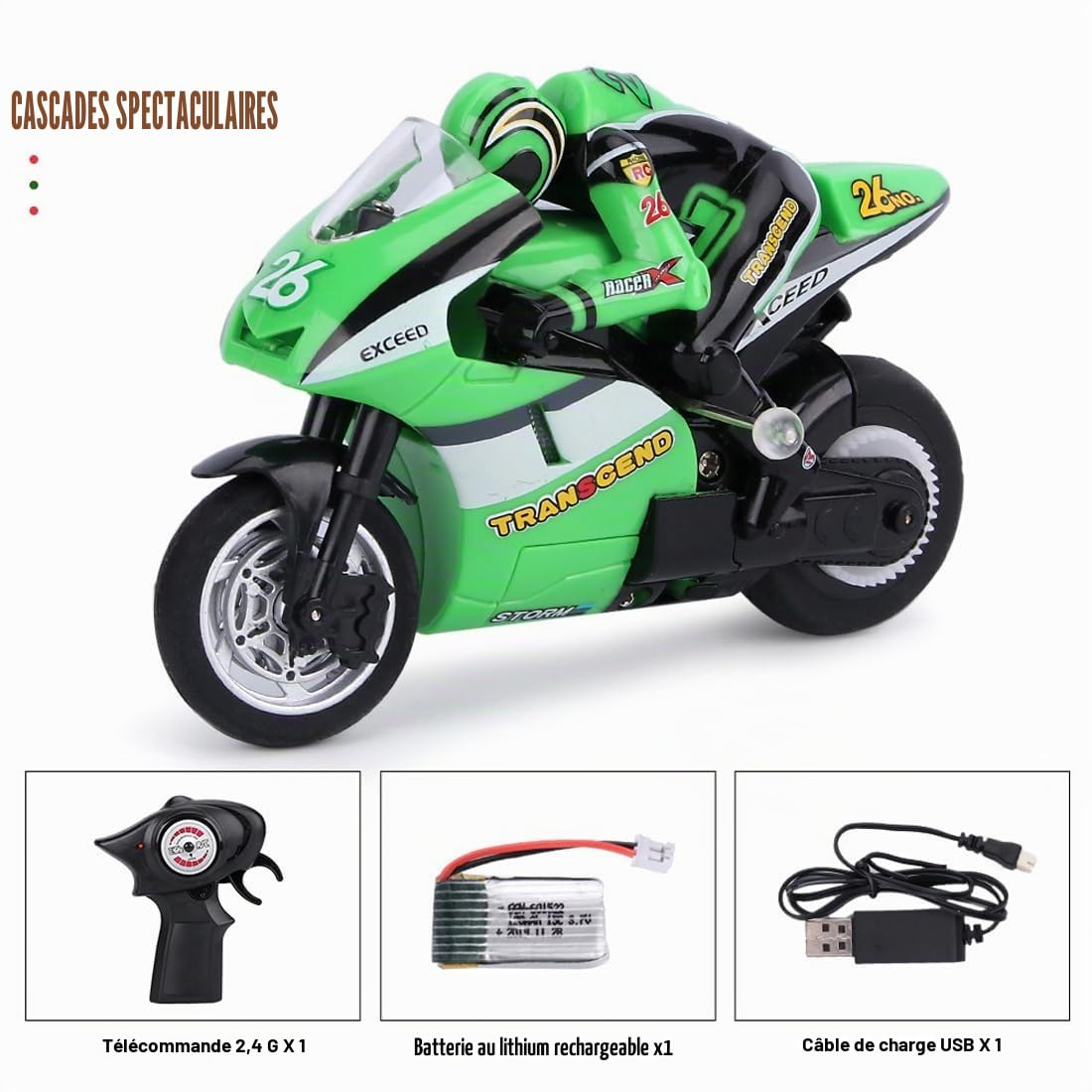 Moto télécommandée 8012 avec gyroscope et cascade, 2,4 G haute vitesse Drift RC moto avec portée de 30 m, direction proportionnelle, pneus tout-terrain en caoutchouc – Vert