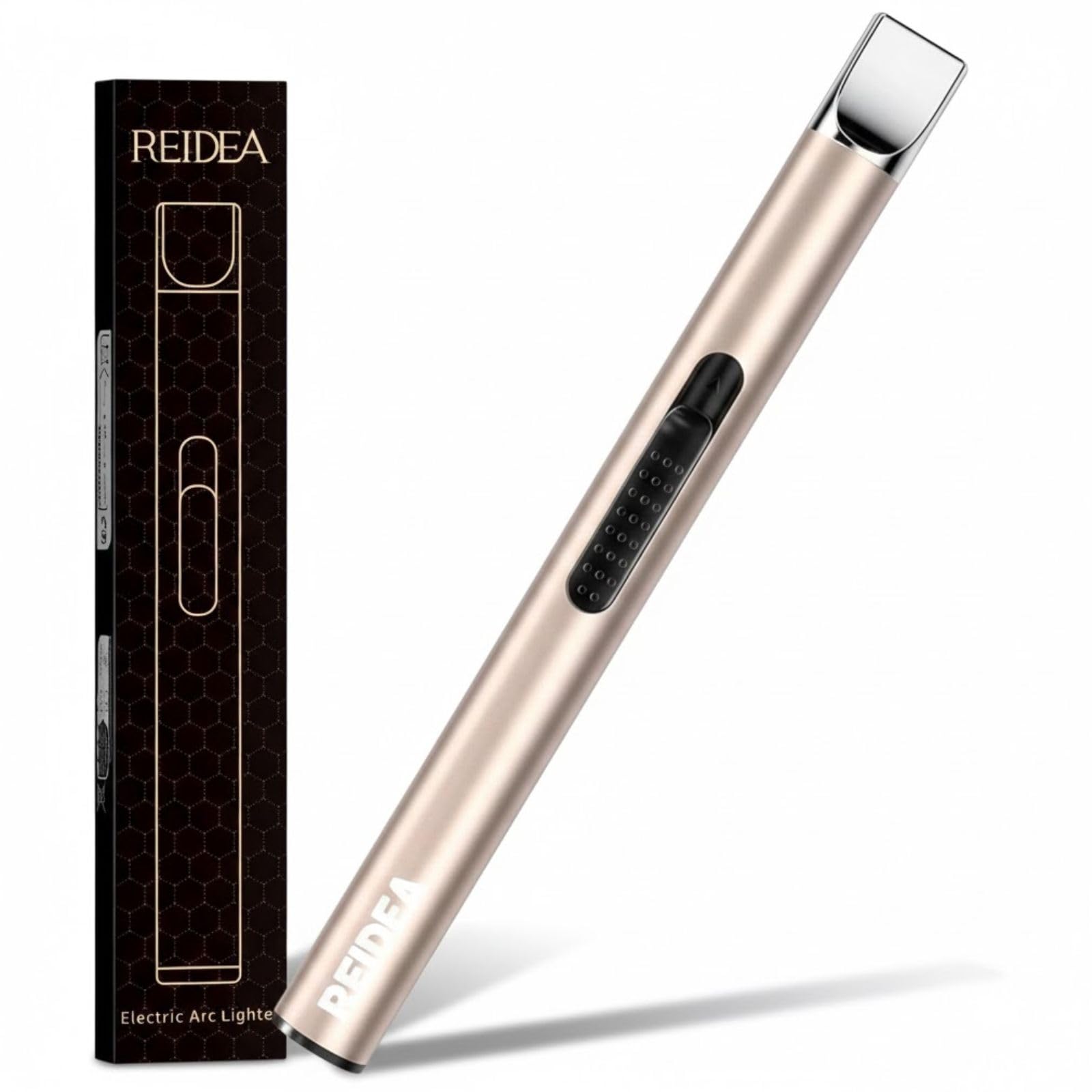 REIDEA Electronic Candle Lighter Arc Windproof Flameless USB Rechargeable Lighter with Safe Button for Home Kitchen Champagne Gold