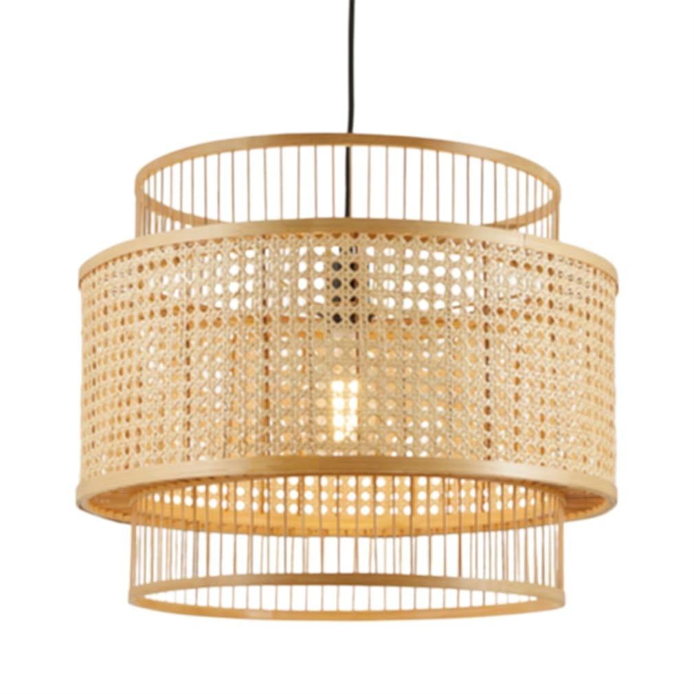 TCHAUSGZOZ Elegant Bamboo Hanging Chandelier - Handmade Wood Cage Lamp Shade for Kitchen Island and Living Spaces 19.7'' Large Rustic Lighting Fixture