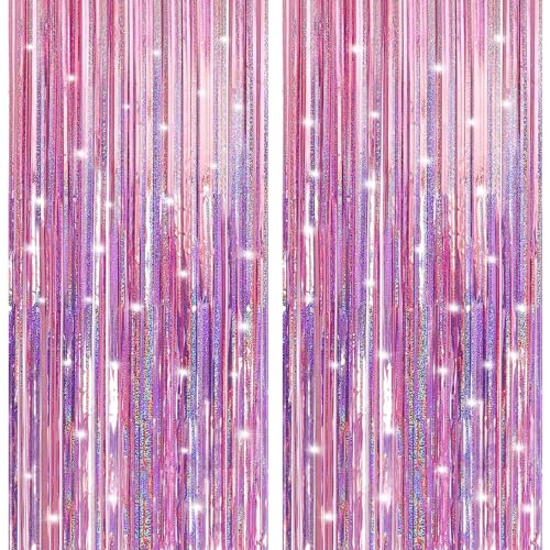 Image of 4 Pack Laser Pink Foil Fringe Curtains Streamers Party Decorations 3.3 x 8.2 ft, Tinsel Curtain Fringe Backdrop for Parties, Door Fringe Birthday Streamers, Barbie Backdrop Birthday Party Decorations