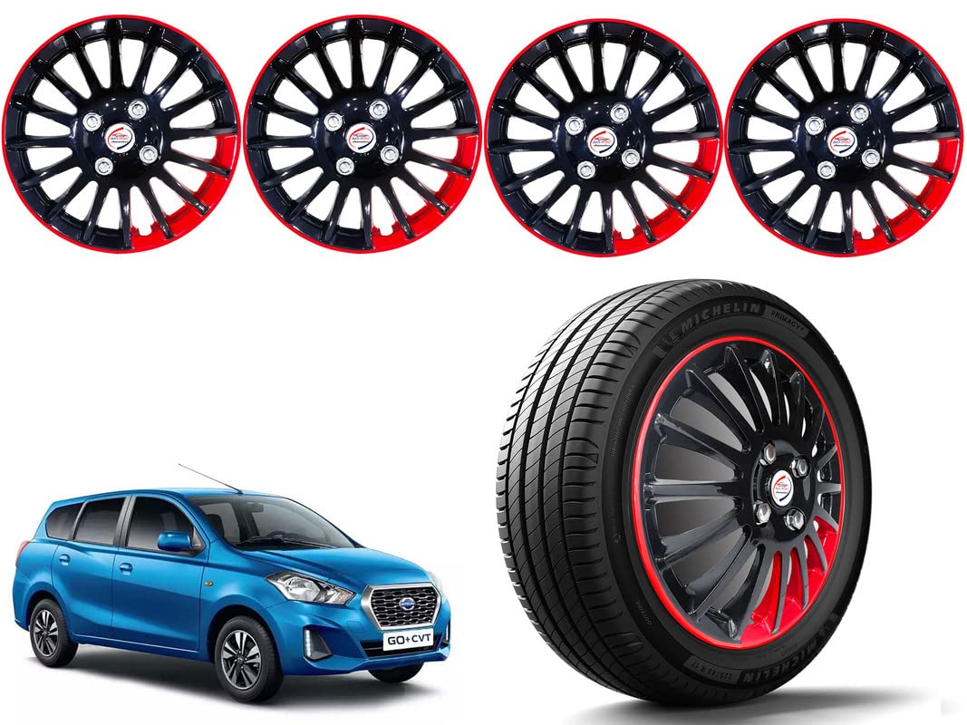 Auto Pearl - 13" inch | Set of 4 Pcs | Press Type Hubcap Wheel Cover Replacements for OEM Steel Wheels Polypropylene Material with Retention Ring | Compatible with Datsun Go Plus | Black Red Strip