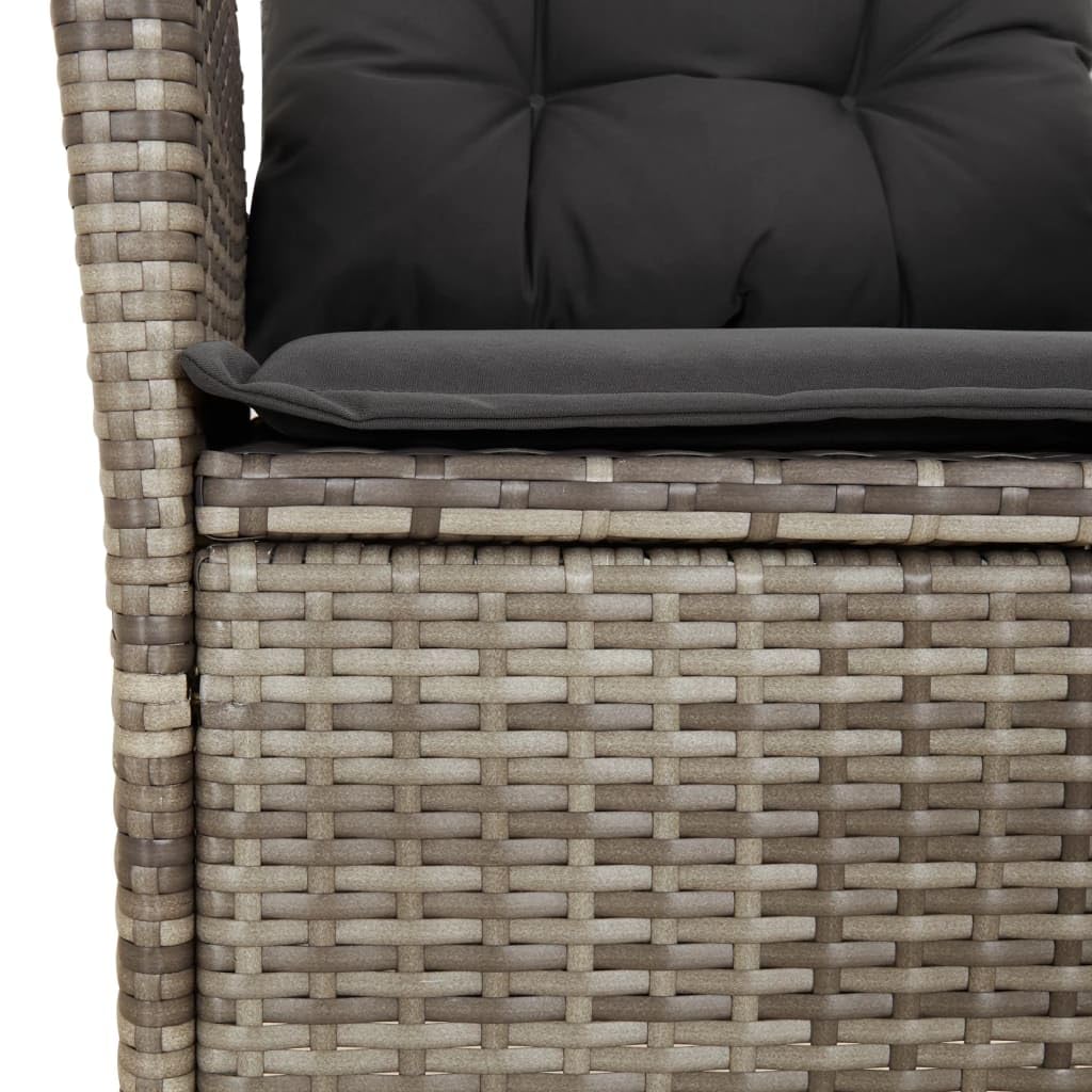 Conjunto de comedor de jardín para terraza con respaldo ajustable y tablero de mesa en color gris de poliratán, incluye cojines y fundas extraíbles
