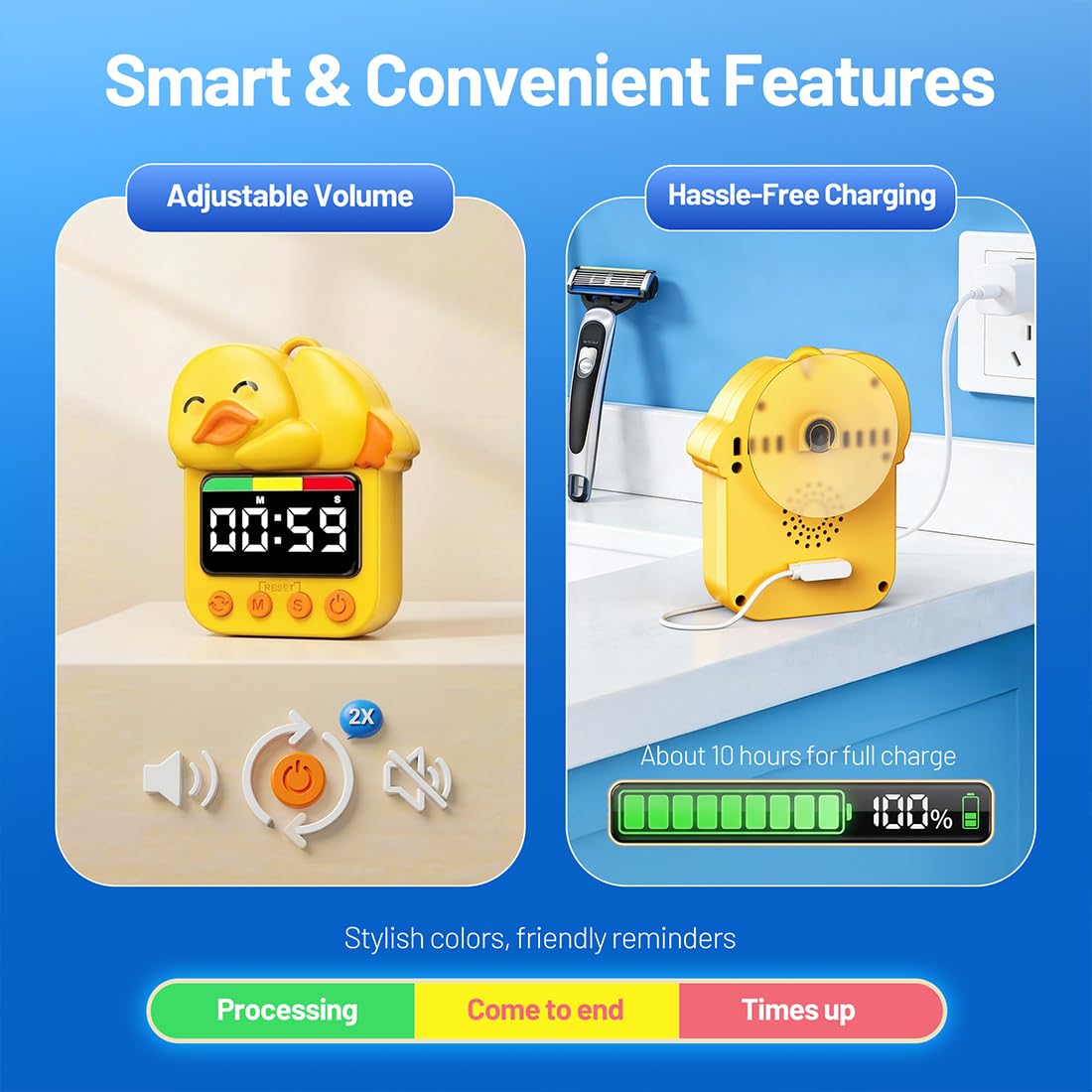 Yellow Duck - Temporizador visual impermeable para ducha, temporizador digital para baño/cocina para montaje en pared, estudio, natación