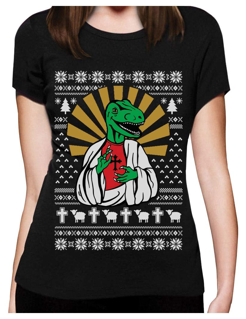 Dinosaur Raptor LOL Jesus T-rex Meme Ugly Christmas Women T-Shirt