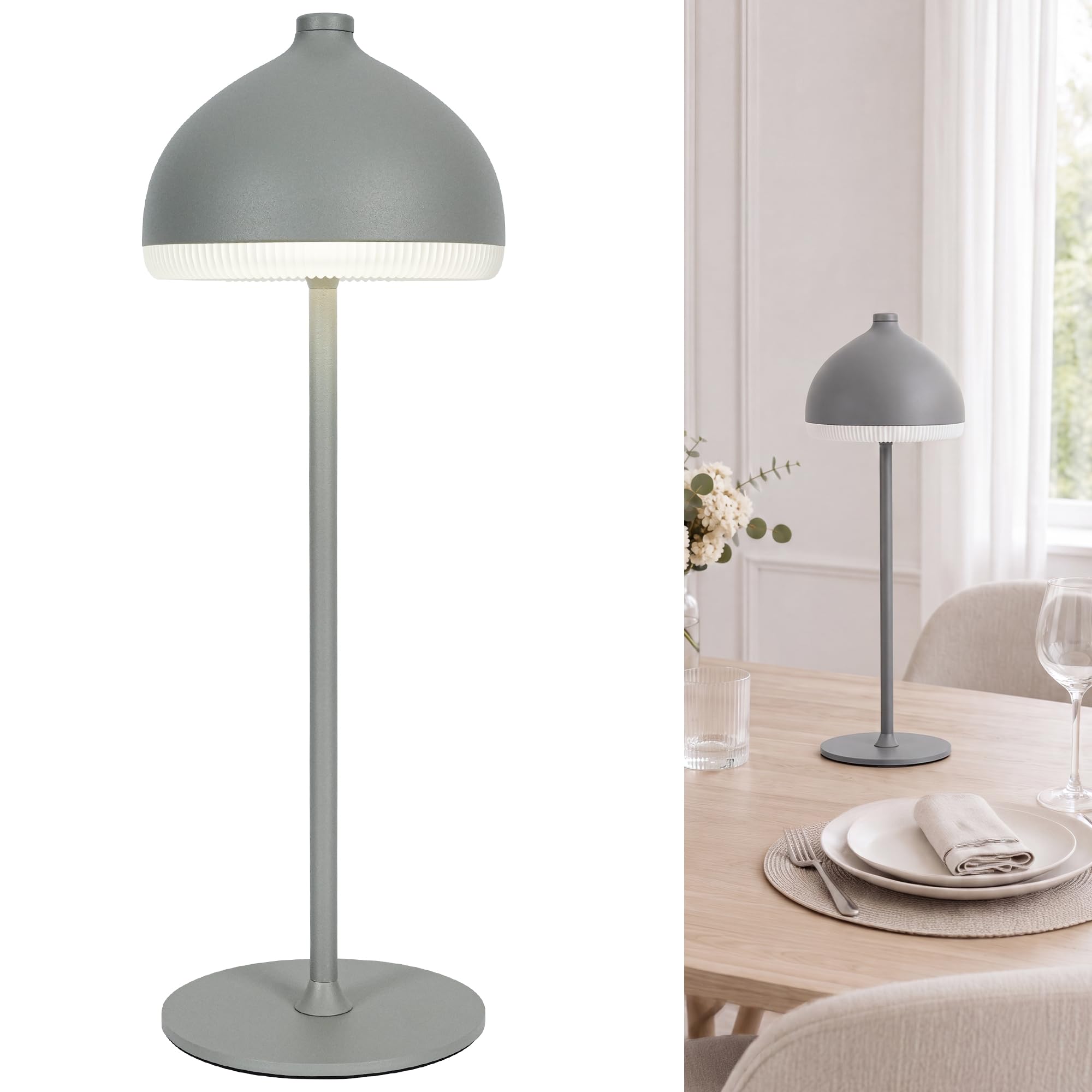 LuminexDesigns Cordless Table Lamp–5200 mAh Rechargeable LED Bedside & Bathroom Lamp with 3 Light Colours,Dimmable Touch Control,Portable Lamp for Office,Living Room & Outdoor,Elephant Grey